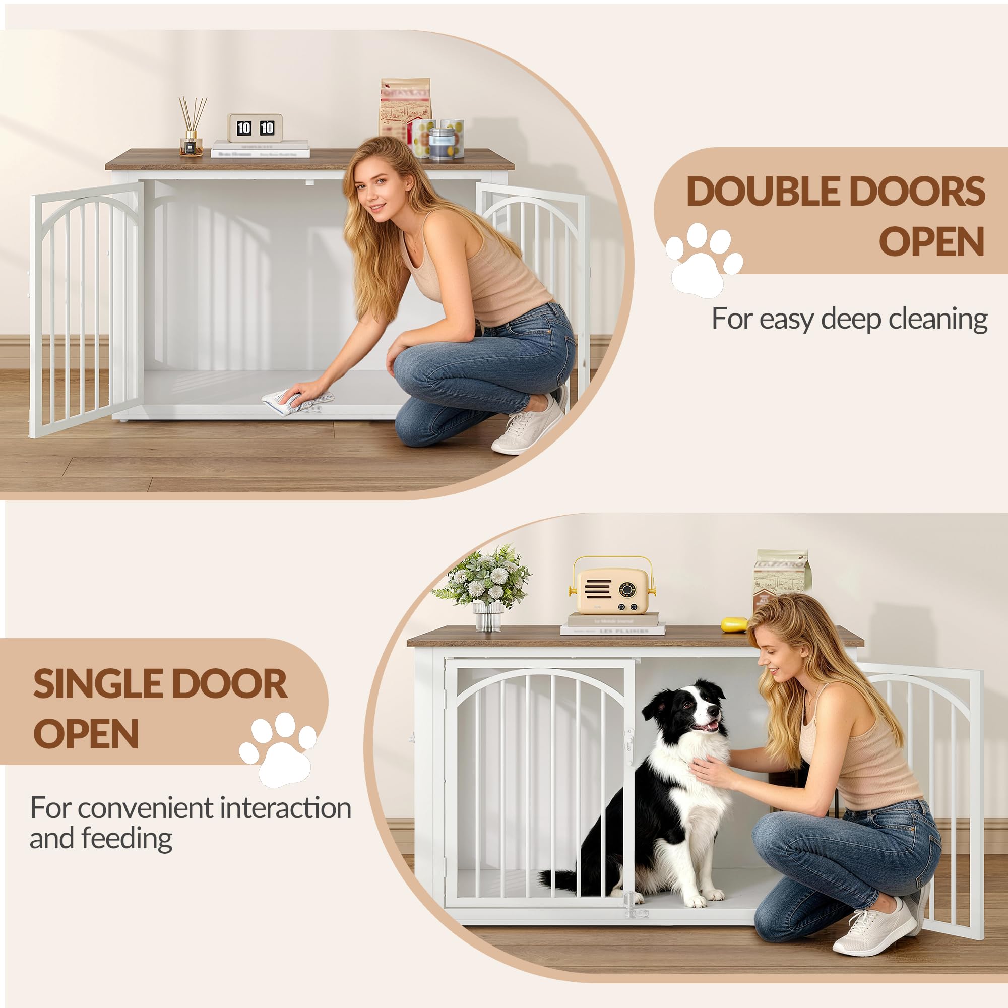 Cage pour Chien, 100cm Meuble Cage Chien et 4 Portes, Cages Bois pour Chiens, Table d'appoint, pour Chiens de Taille Moyenne à Grande, Niche D'intérieur, 100 x 60 x 63 cm, Marron et Blanc
