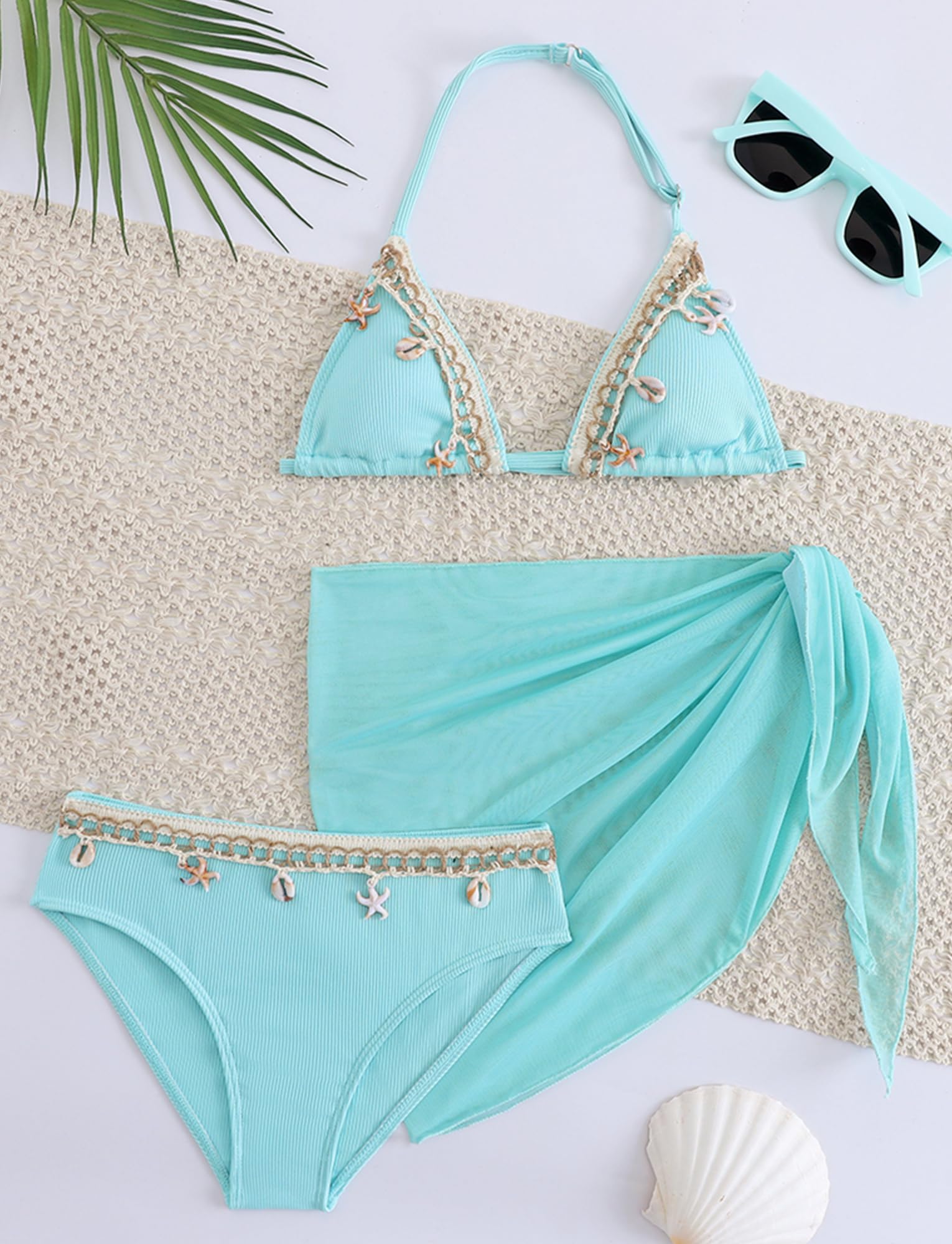SEAUR Conjunto de bikini para niña, 3 piezas, traje de baño con falda, moderno, decoración de conchas, traje de baño acolchado, 8-12 años