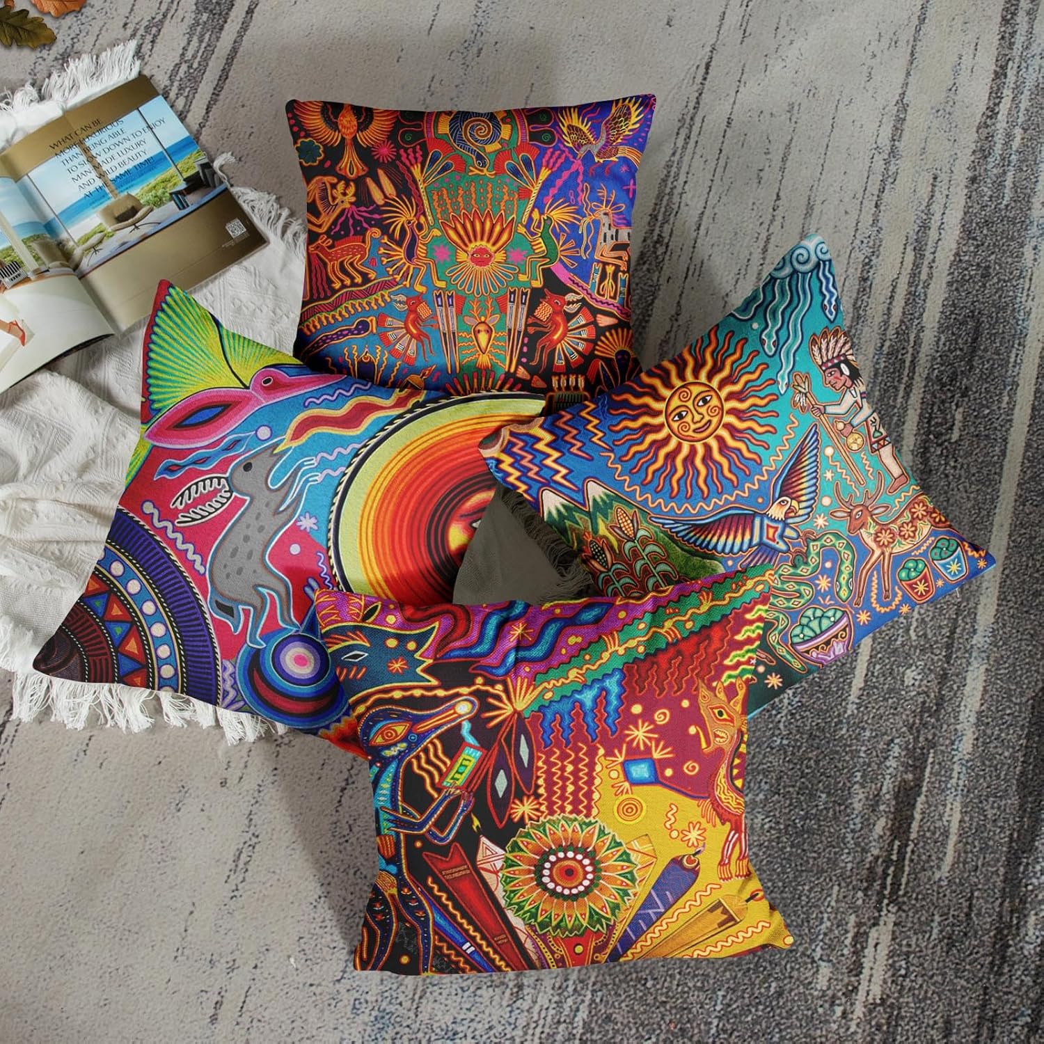 Sanwarm Throw Pillow Covers Home Decor Set of 4 Pillow Cases Decorative 18 x 18 Inches Outdoor Cushion Couch Sofa Pillowcases Colorful Boho Circle Doodle Ethnic Leaf - Image 2