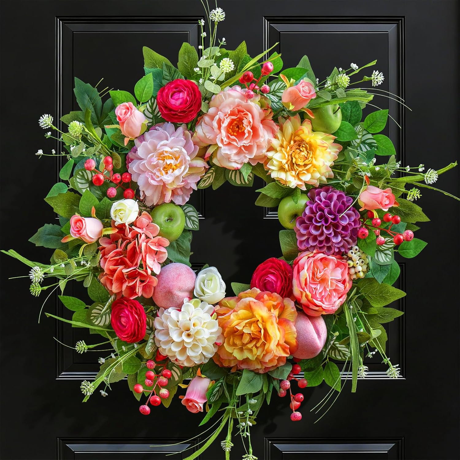 Spring Wreaths for Front Door 24 Inch Lush Summer Flower Wreath with Peonies, Dahlias, Roses, Pink Hydrangeas & Realistic Fruit Accents, Unique Spring Door Wreath for Porch & Entryway Decor