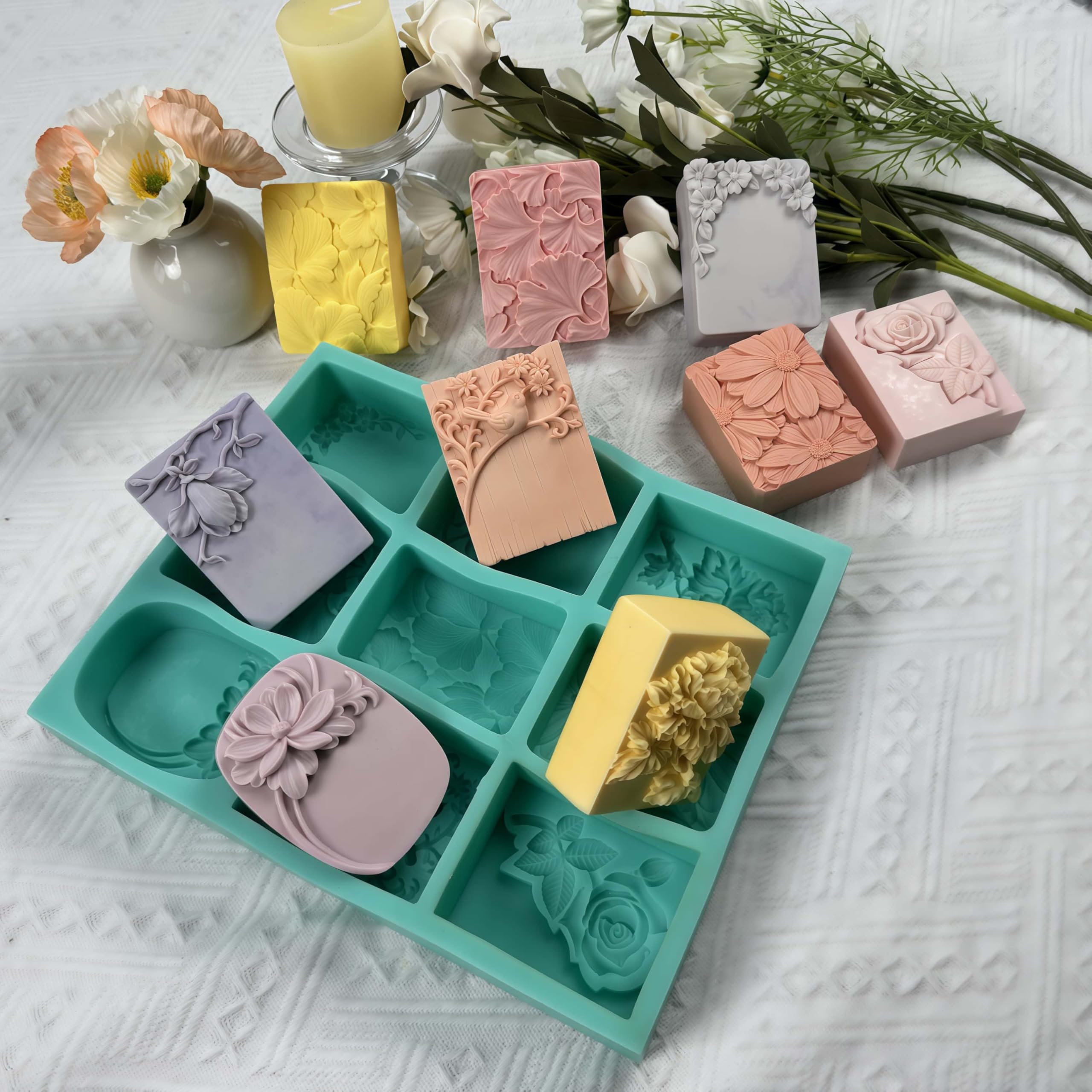Molde de jabón de flores mixtas de 9 cavidades, molde de silicona para jabón, vela, cera de fregrance, chocolate, pastel, yeso aromático, fabricación de manualidades de resina decorada