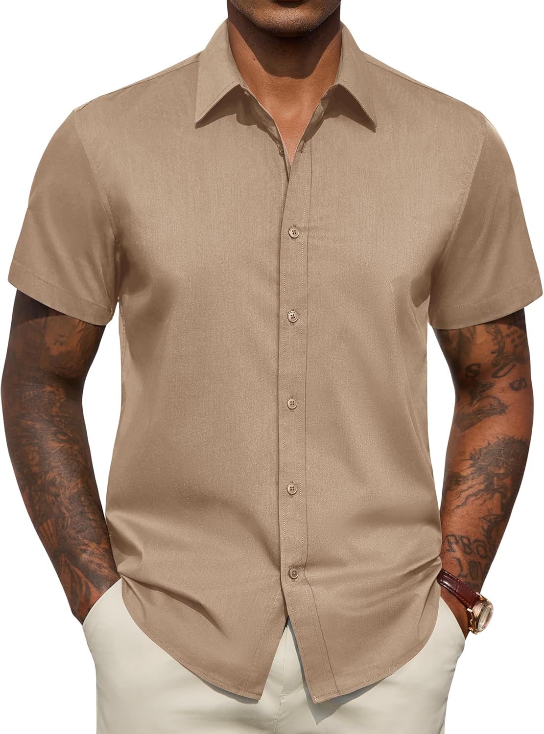 Men's Short Sleeve Dress Shirts Stretch Stain Shield Business Casual Button Down Shirts Solid Formal Wedding Tops