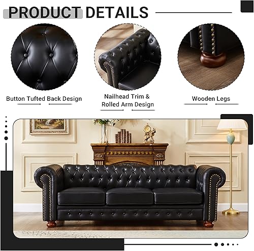 Miniatura 4 de Chesterfield - Sofá de cuero, sofá moderno de mediados de siglo de 89 pulgadas con respaldo bajo, brazo enrollable, ribete de cabeza de clavo, sofá