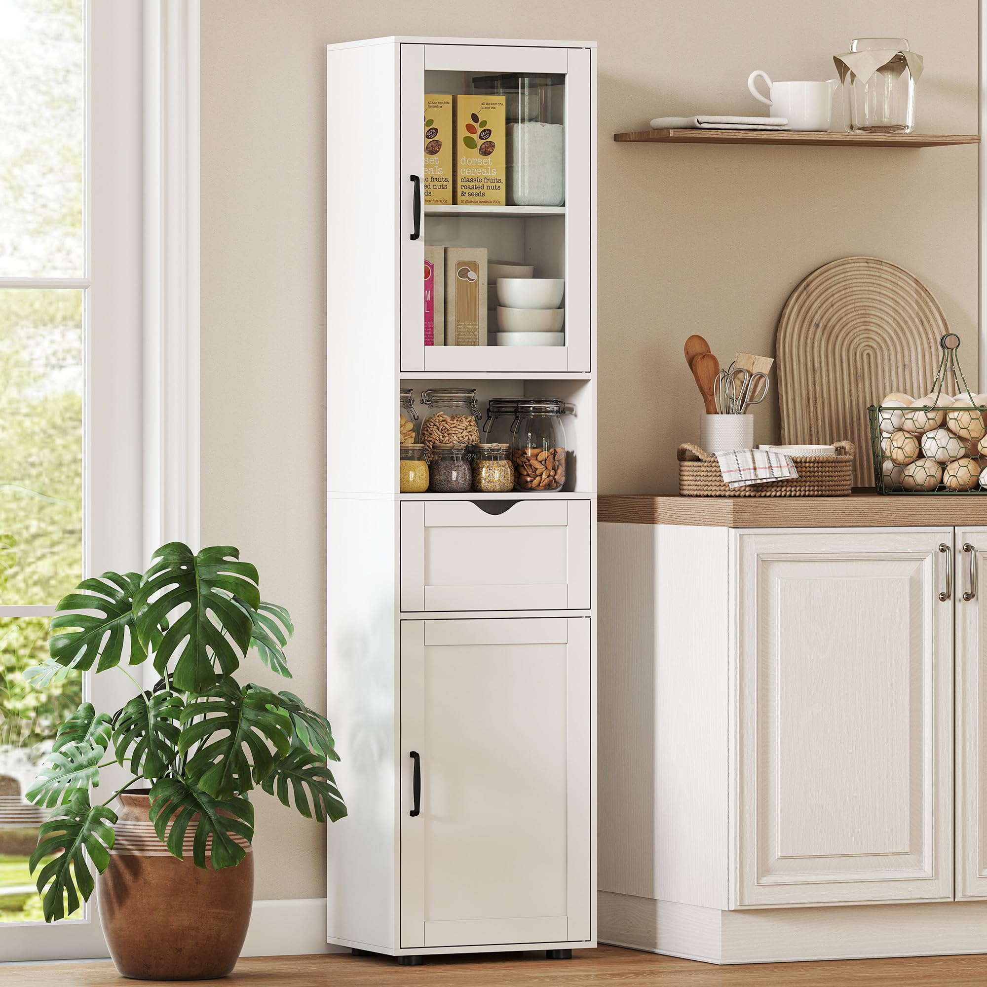 HOMCOM Armario de Baño Alto, Mueble Auxiliar de Baño con Puerta de Vidrio, Estantes Ajustables, Cajón, Estante Abierto, Columna Estrecha para Espacios Pequeños, 40x30x165 cm, Blanco