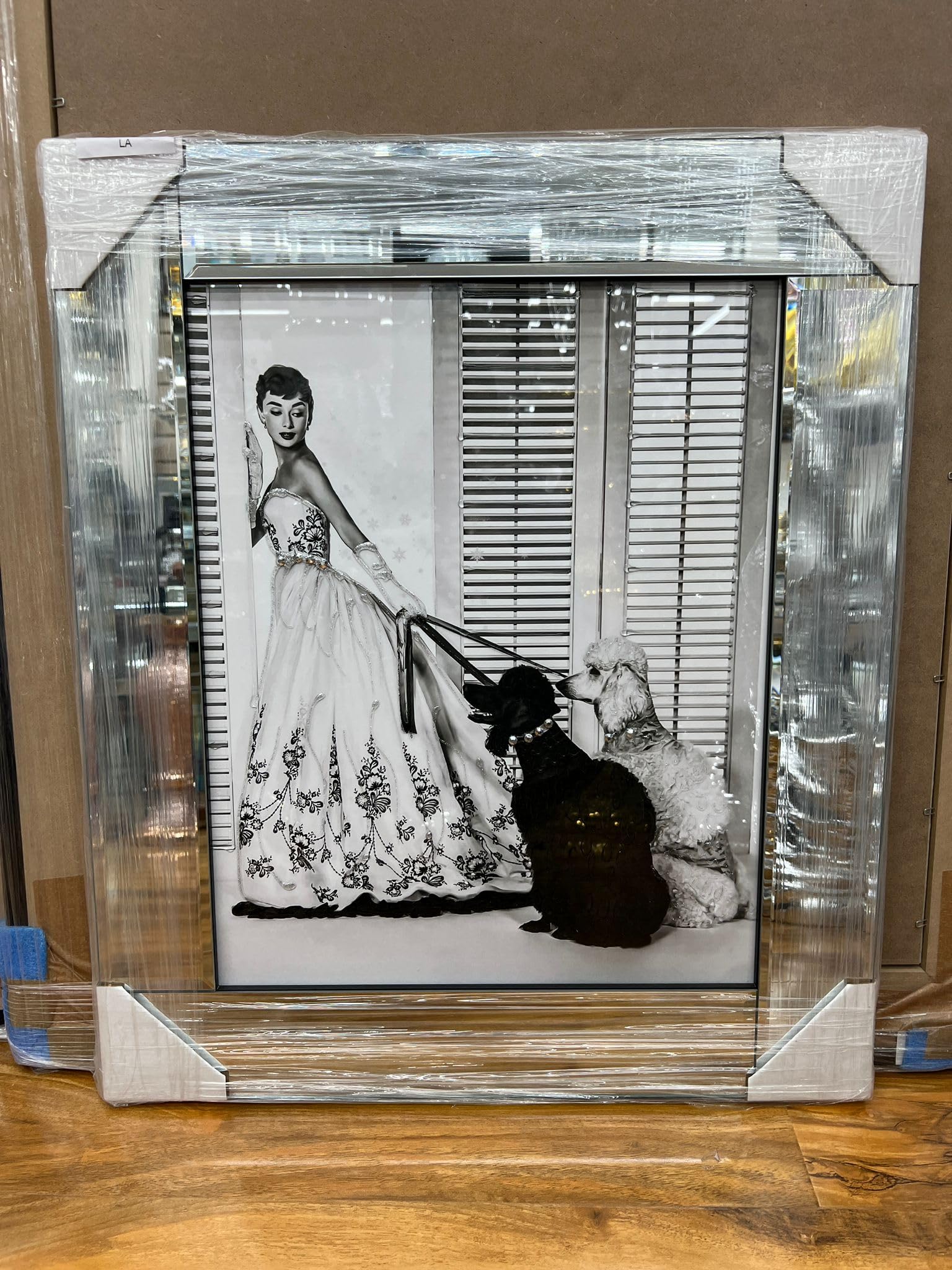 Biznest AUDREY HEPBURN POODLES Picture Liquid 3D Wall Decor Glitter Wall Art Mirrored Frame Home Decoration Bedroom Living Room 55x55cm B-IC005