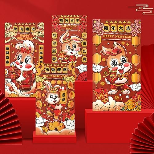 Miniatura 3 de Honrane 6 sobres rojos de Año Nuevo chino sobres de dinero de la suerte sobres de bolsillo rojo del año del conejo sobre rojo de Año Nuevo sobres