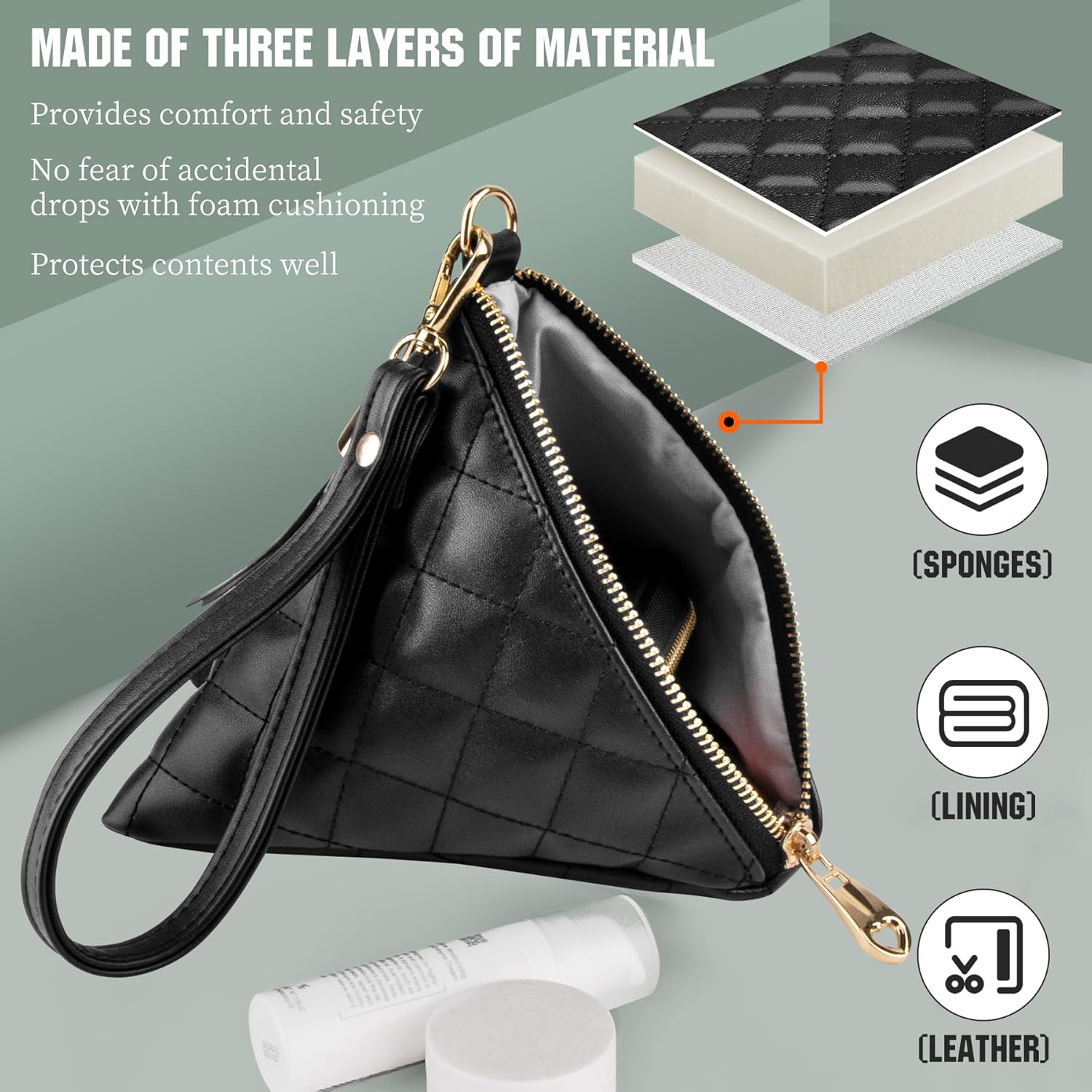 Leather Triangle Wristlet Clutch Purse Handbag - Cool Pyramid Evening Cocktail Pouch Wallet Detachable Strap & Tassel Charm - Image 4