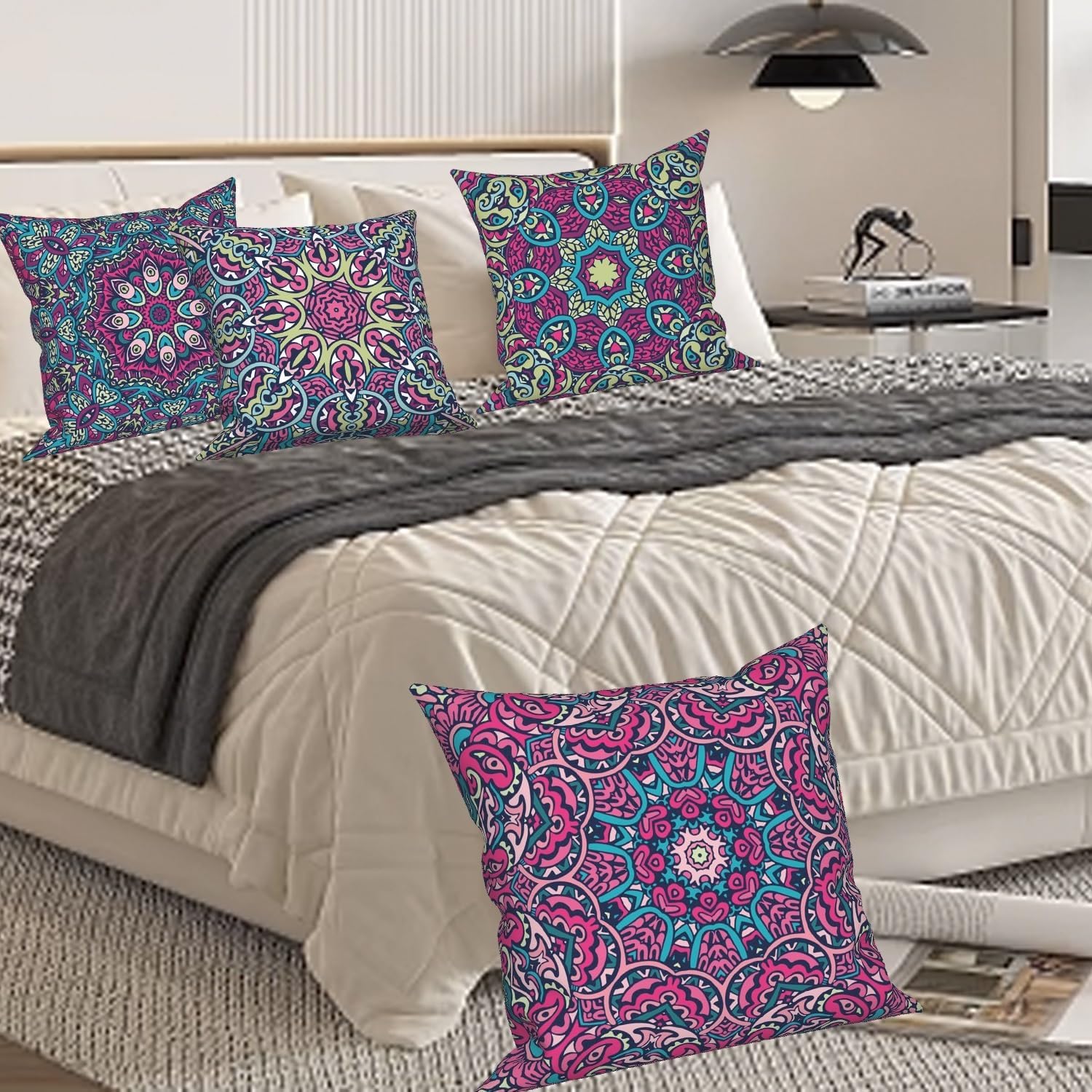 Mandala Throw Pillow Cover 18"x18" Set of 4, Bohemian Cushion Covers Decorative Moroccan Patterned Pillowcase for Couch Sofa Bed Chair Living Room Farmhouse Patio Home Indoor Outdoor