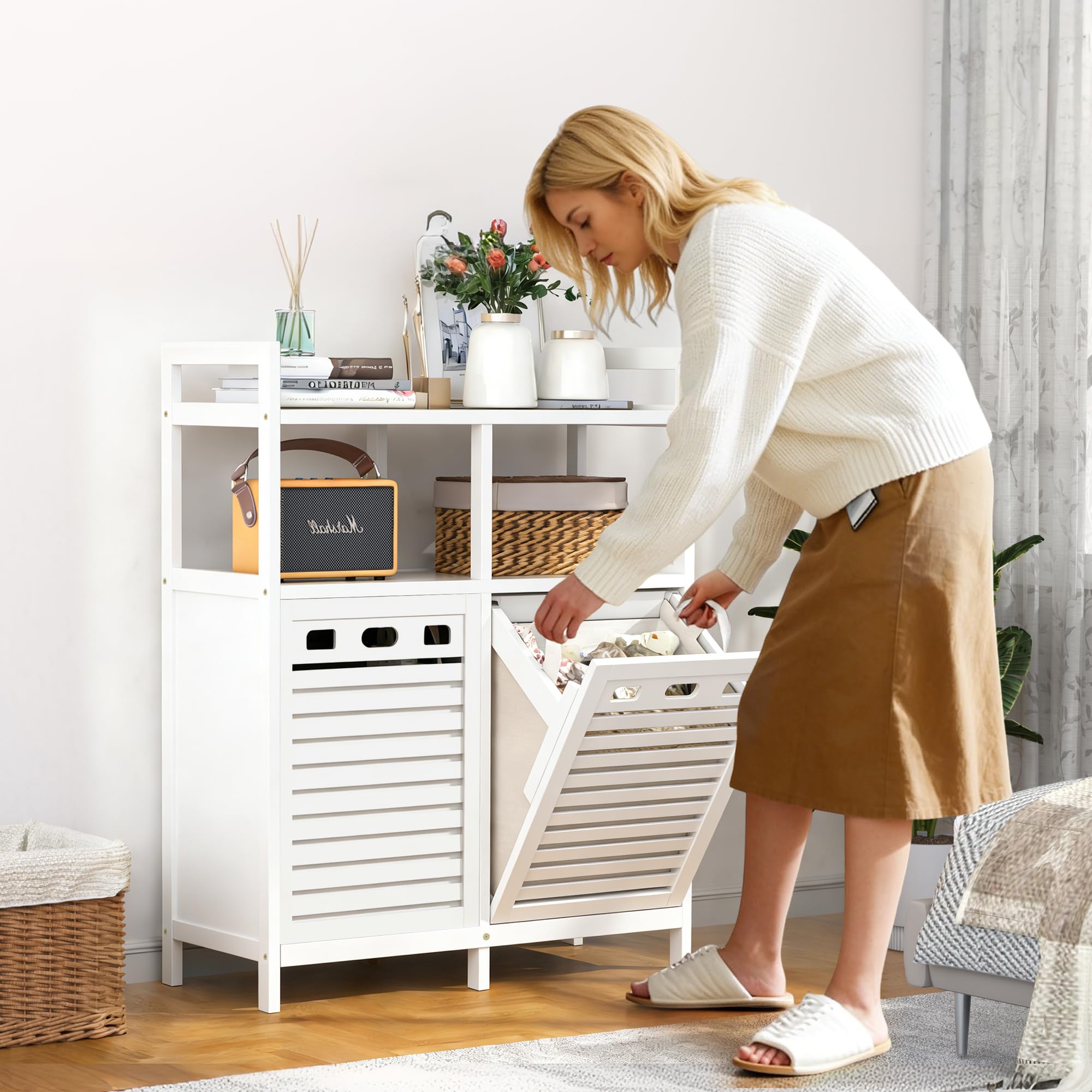 VASMIA Armario de Baño con Cesto de La Ropa, Bambú Mueble de Baño con Bolsas para La Ropa, con 2 Estantes, con Cestas de Lavandería Extraíbles (2*38 L), para Baño, Dormitorio, Cuarto de Lavado, Blanco