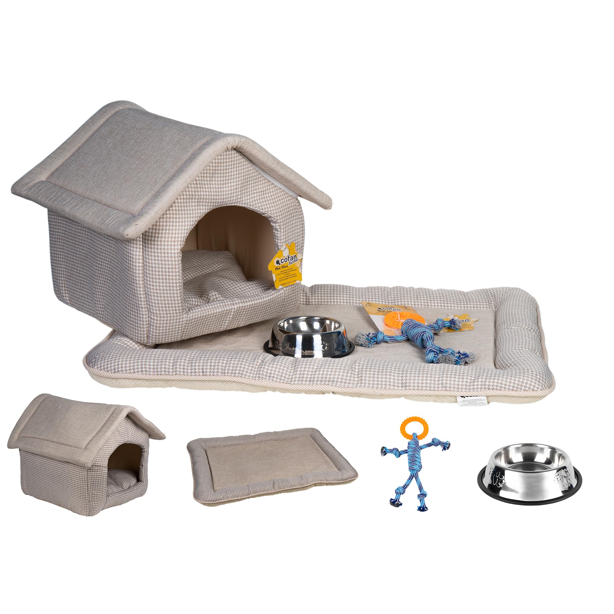Cofan Set de Productos del hogar para Mascotas | Kit de 4 Accesorios para el Bienestar de Las Mascotas | Casa, Cama, comedero Bebedero y Juguete