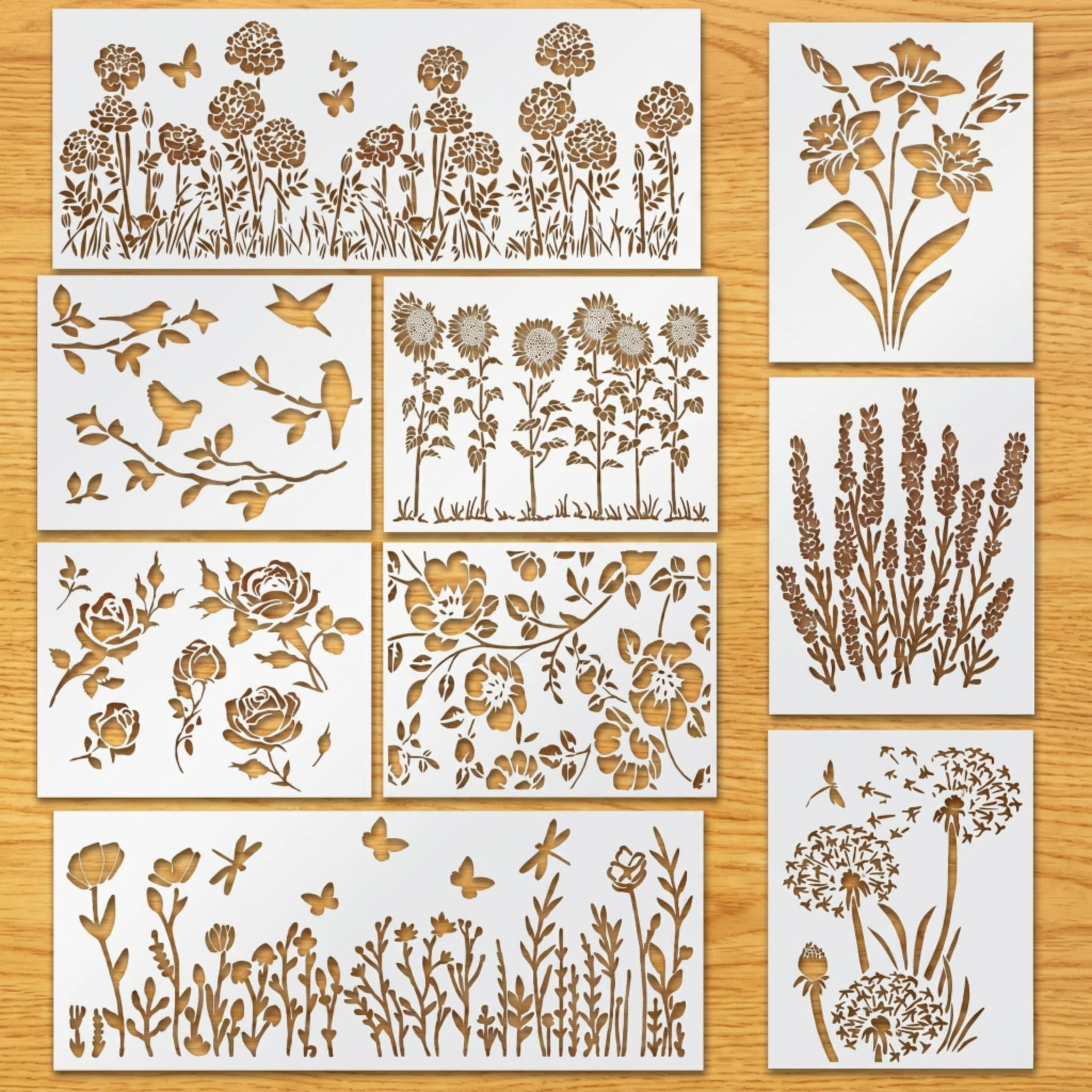 Flower Stencils for Painting on Wood - Reusable Wildflower Stencil for Painting on Walls - Rose, Cherry Blossom, Hydrangea, Lily, Sunflower Stencil -