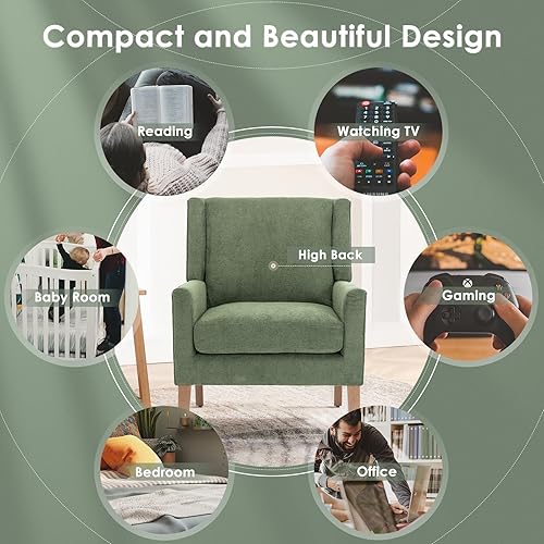 Miniatura 7 de COLAMY Silla moderna de ala para sala de estar, sillón tapizado de tela, sofá individual con asiento de salón y patas de madera para