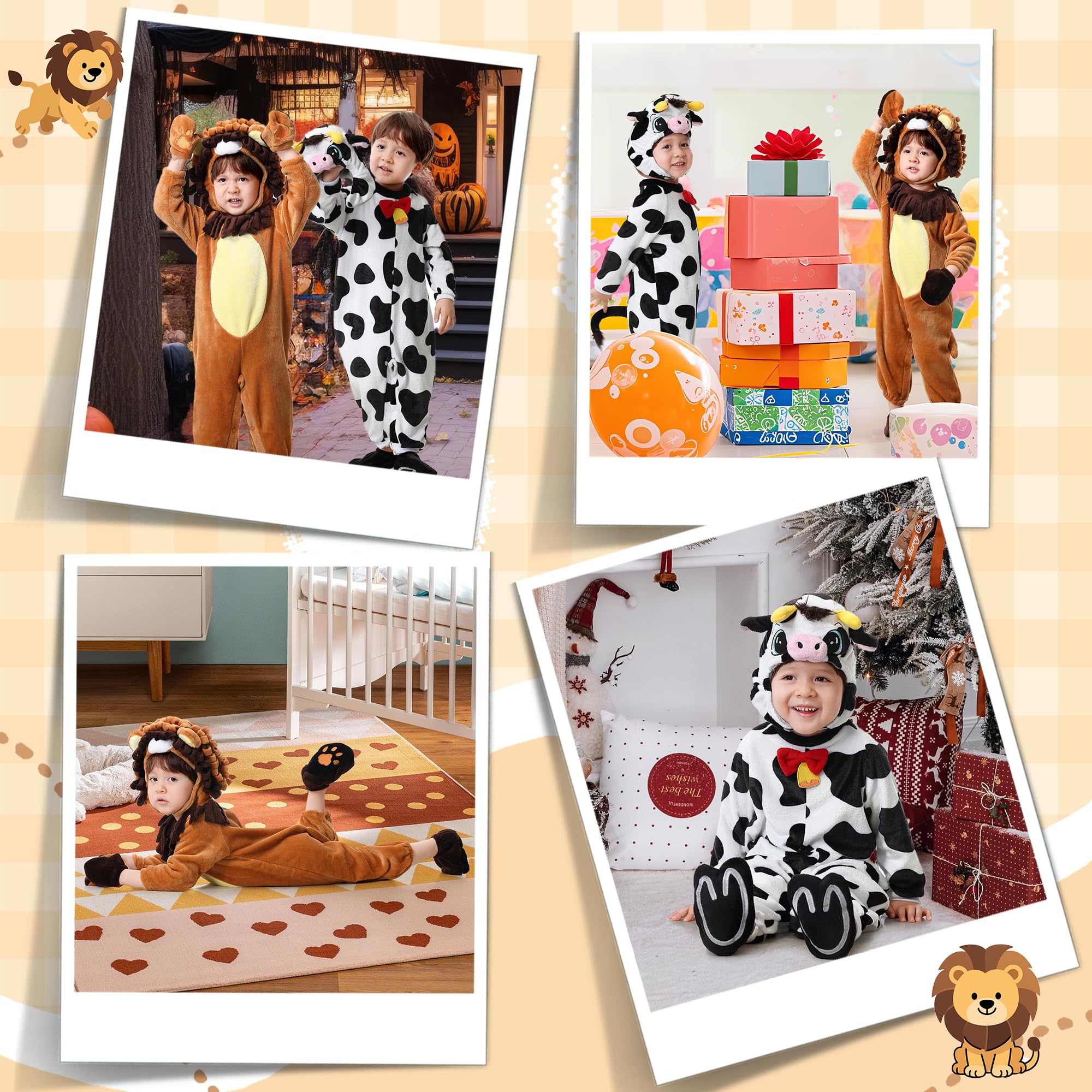 Halloween Baby Costumes Lion Toddler Outfit Infants Cow Cosplay Plush Romper Set with Gloves Footwear Coiffure Dress Up Party