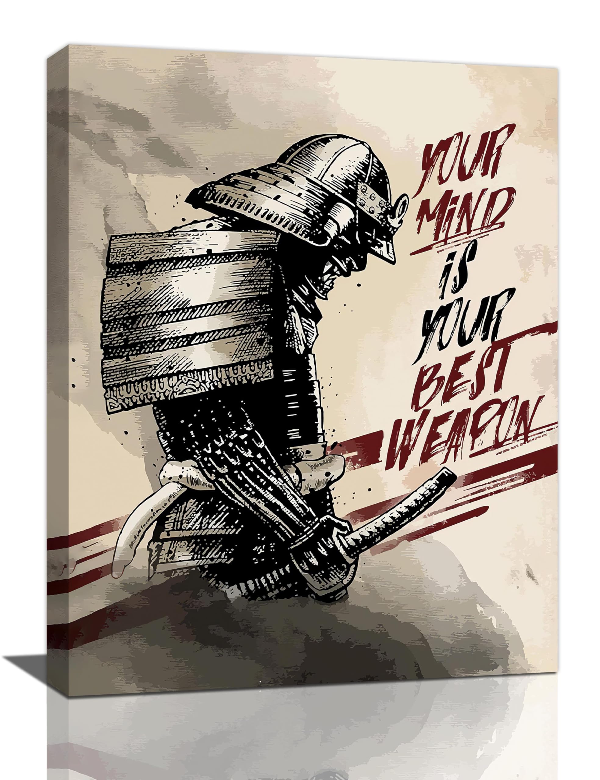 Japanese Samurai Wall Art Canvas Prints - Armored Warrior Painting, Bushido Inspirational Poster for Bedroom, Living Room, Office, Bathroom - Framed 12"x16"
