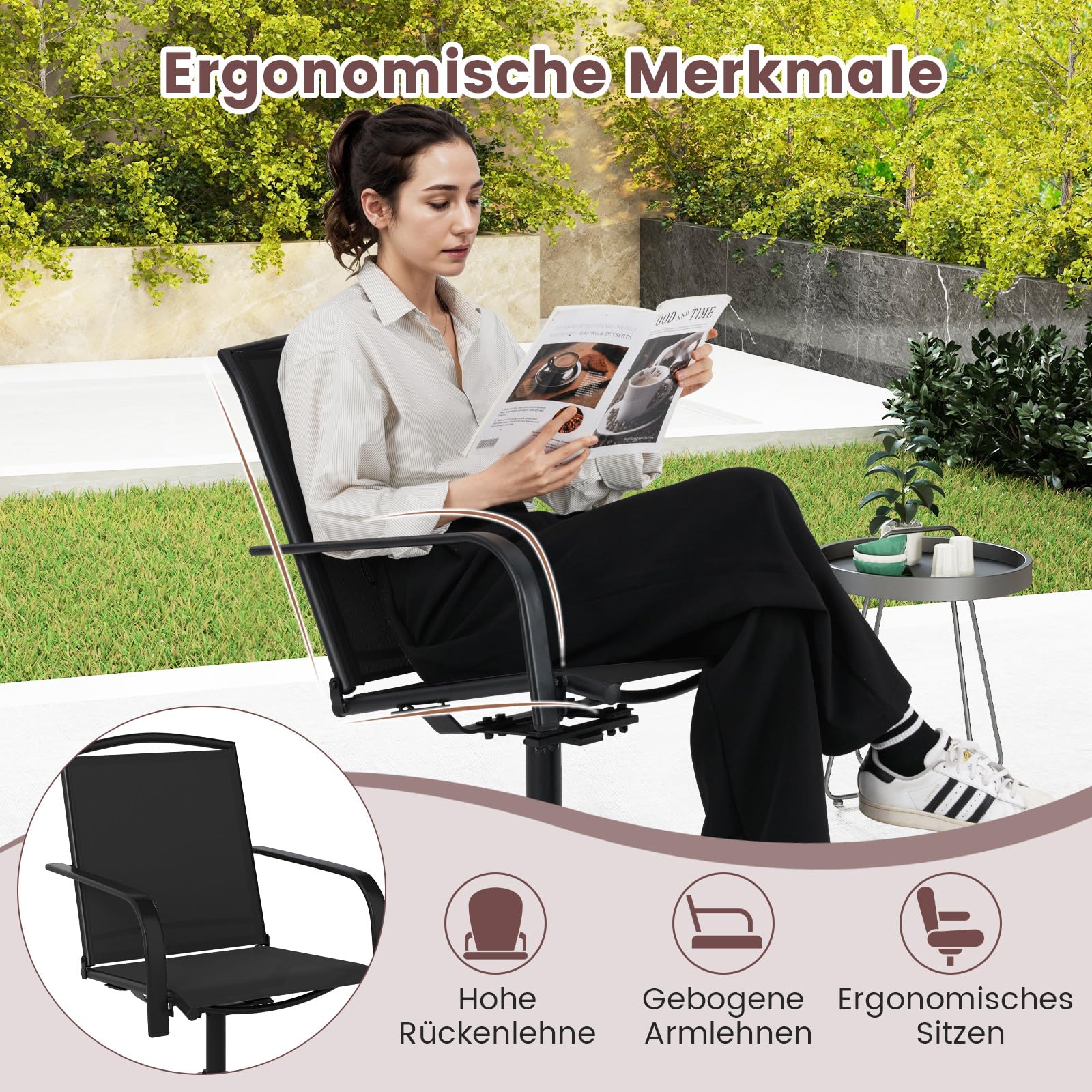 COSTWAY Gartenstühle 360° drehbar, 2er Set Terrassenstühle mit schnell trocknendem Stoff, Drehstühle, Balkonstühle bis 150 kg belastbar für Garten, Hinterhof, Balkon (Schwarz)