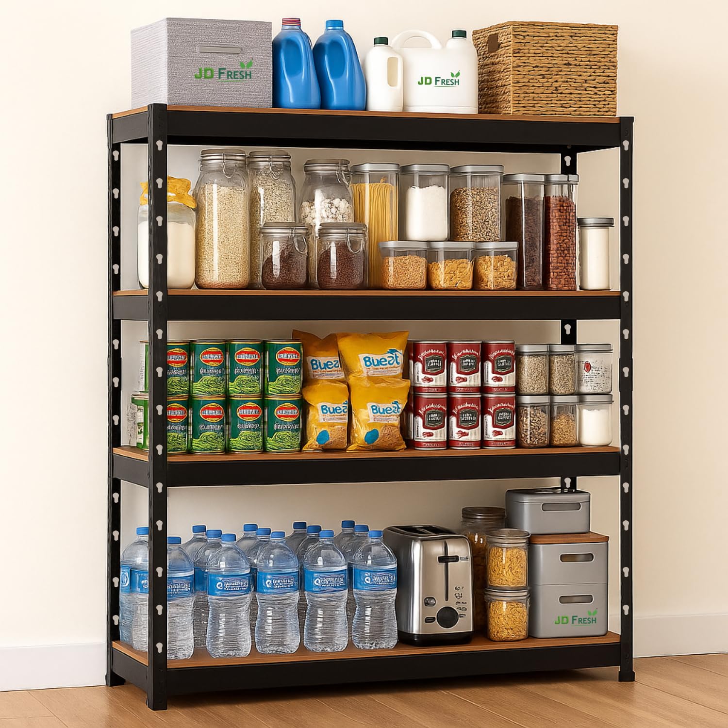 JD FRESH 4-Tier Adjustable Metal Shelf Rack/Heavy Duty Boltless Shelving Unit/Display Rack Organizer for Garage/Kitchen/Warehouse/Tool-Free Assembly and Rust-Resistant Steel (60H x 36W x 12L Inch)-image-46
