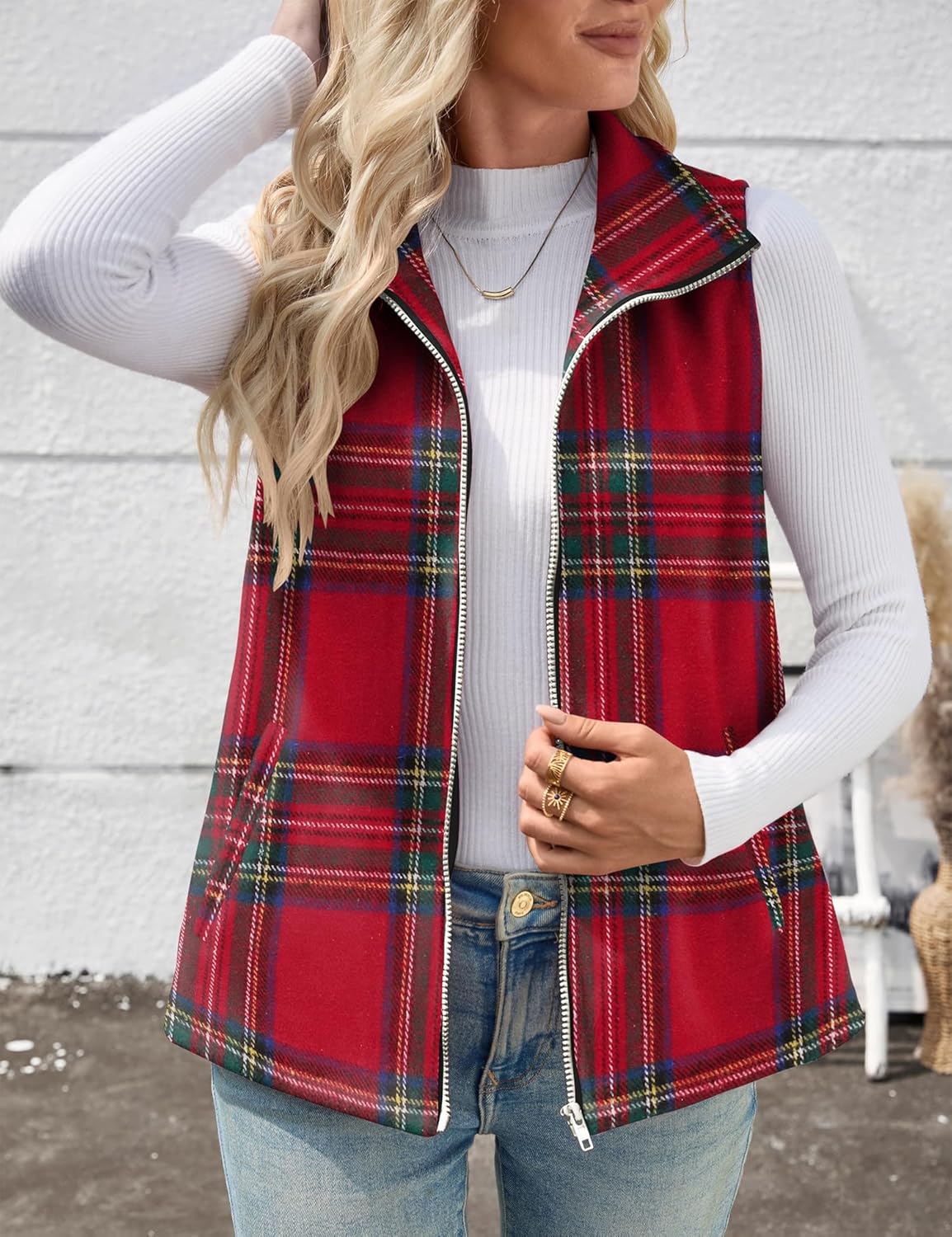 Rapbin Women's Plaid Outerwear Vests Tops Zip Up Collared Sleeveless Jacket with Pockects - Image 2