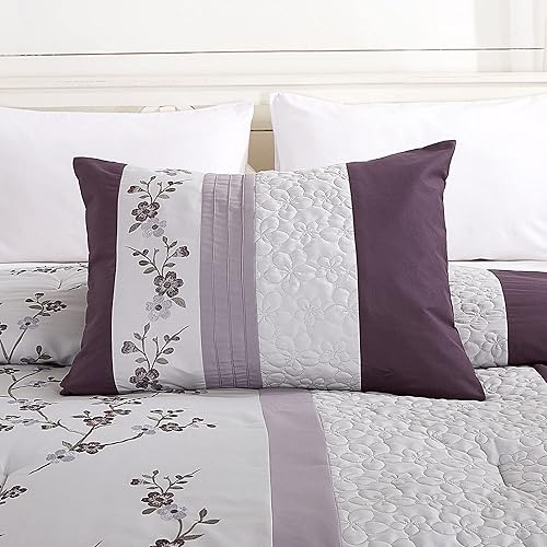 Miniatura 4 de Chezmoi Collection Linnea - Juego de edredÃ³n de 7 piezas con bordado floral, color morado, lavanda y gris cerezo, tamaÃ±o matrimonial