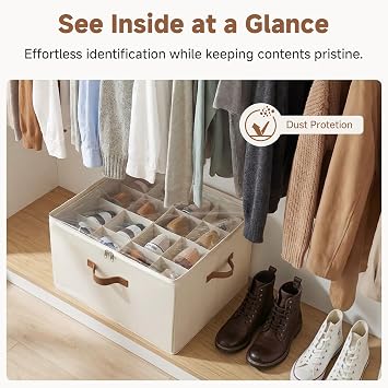 StorageWorks Shoe Organiser for Closet, Fits up to 16 Pairs, Fabric Shoe Organiser Box, Shoe Storage Organiser with Adjustable Dividers and Clear Cover, Wardrobe Shoe Storage Containers, Beige
