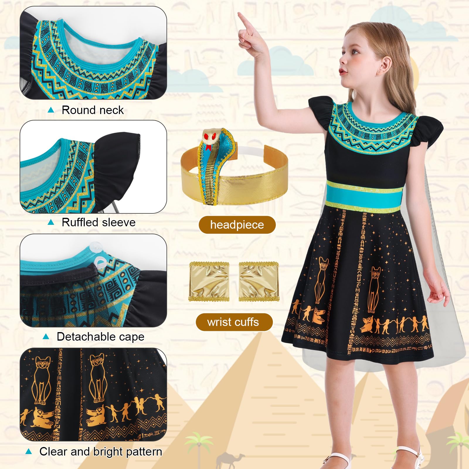 Jurebecia Kids Egyptian Dress Up Costume for Girls Ruffle Sleeve Dresses Egyptian Queen Costumes with Accessories Black 3-4 Years - Image 3