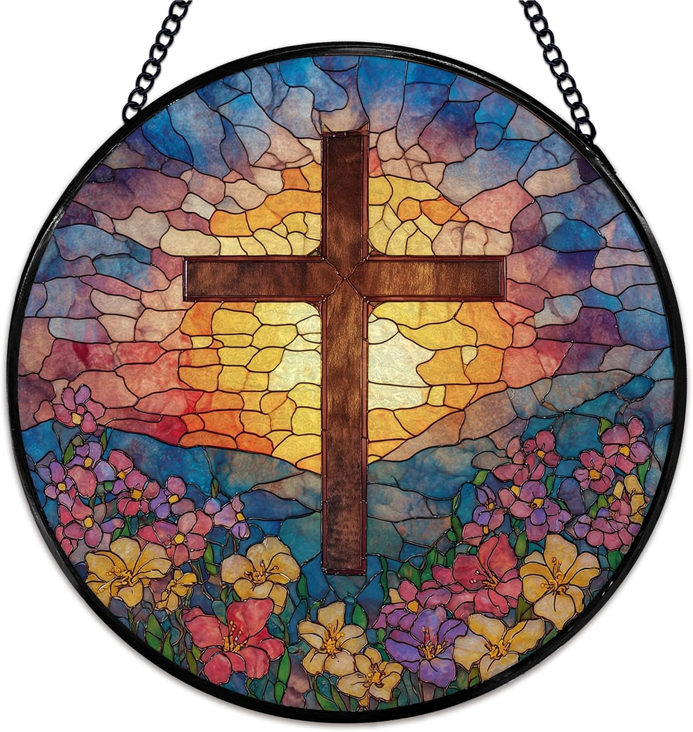 Cross Suncatcher Stained Glass Window Hanging, Christian Cross Floral Sun Catchers Indoor Window Glass Wall Art Decor, Religious Round Wall Hanging Decorations, 7.9x7.9 inch