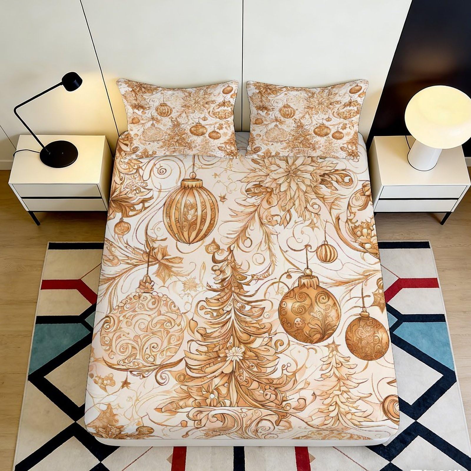 3D Printed Christmas Ornaments Fitted Sheet Microfiber Deep Pocket Bedding Set Xmas Theme Mattress Fitted Cover Non-Slip Washable 200x200x25cm 90x200x25cm