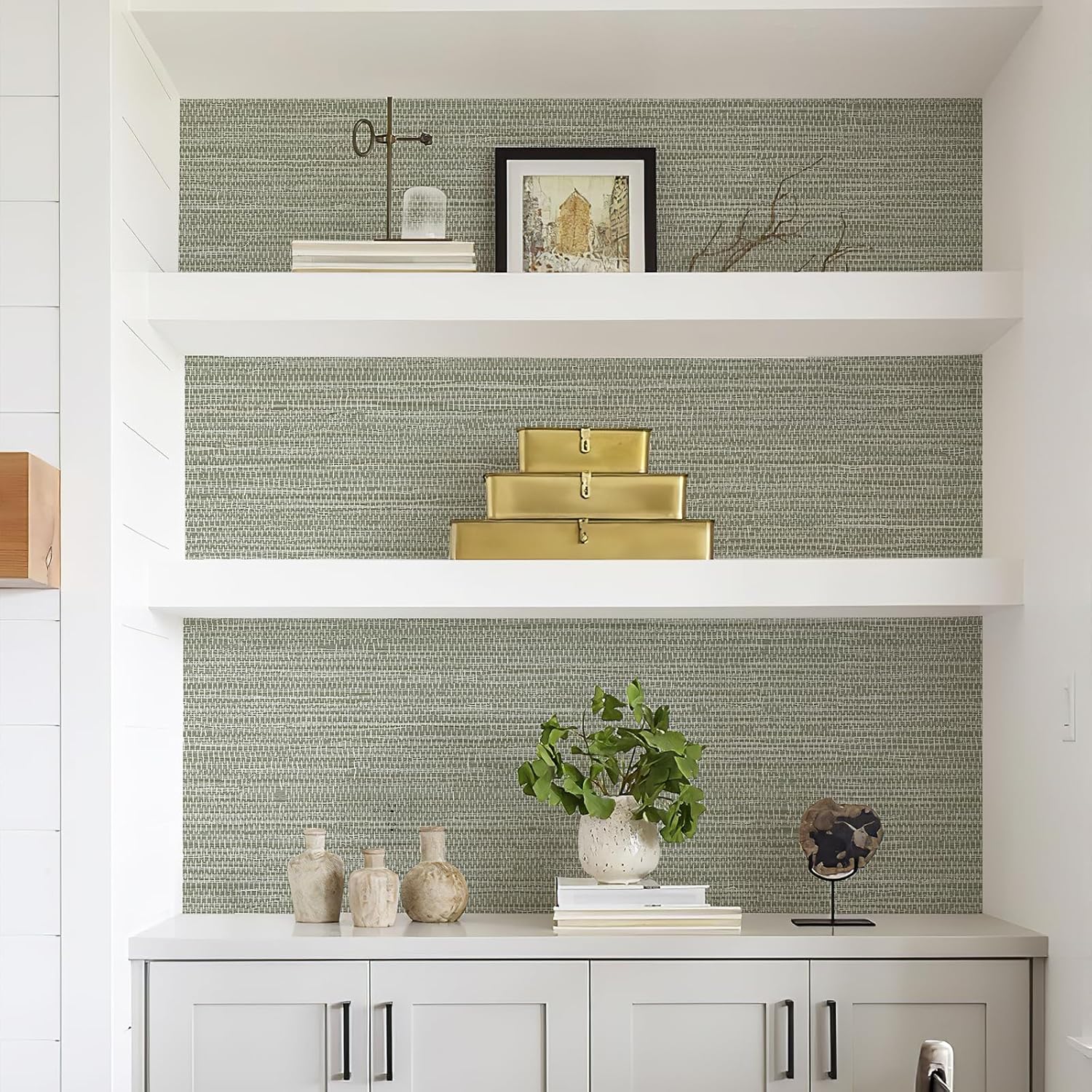 Simon&Siff Green Textured Grasscloth Peel and Stick Wallpaper 17.7"x394" Neutral Faux Grassweave Waterproof Self Adhesive Removable Wallpaper Mural for Home Decor Bedroom Kitchen Cabinet