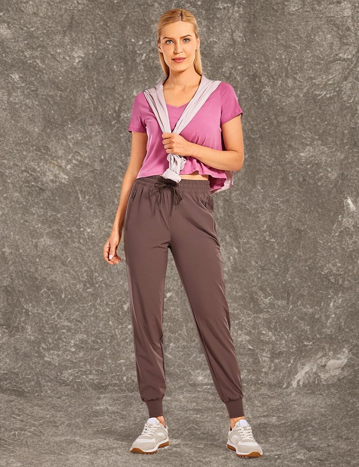 CRZ YOGA Women's Drawstring Lightweight Elastic Waist Joggers Pants Lounge Workout Running with Zipper Pockets Purple Taupe X-Large - Image 5