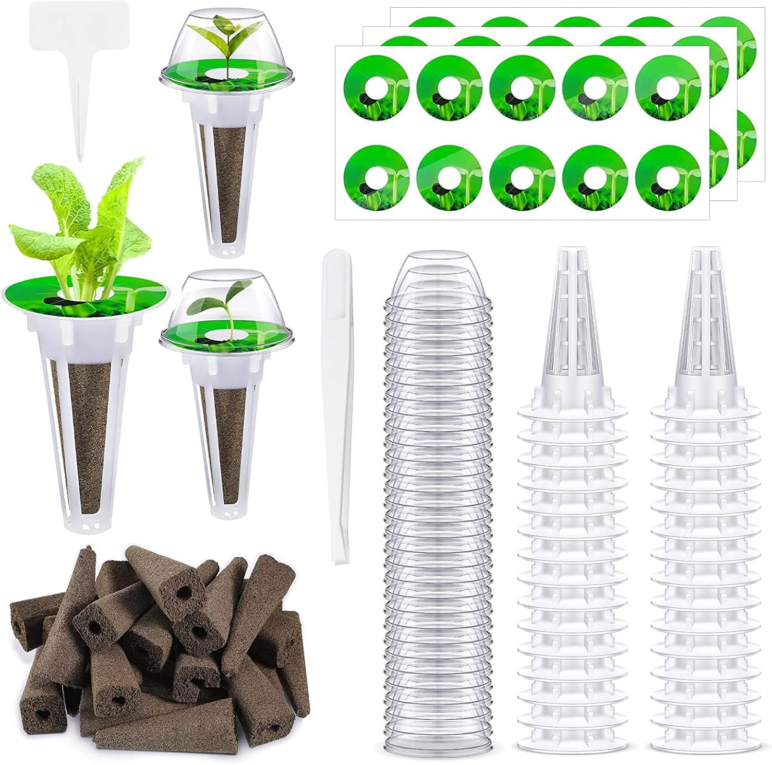 Hydroponic Growing Kit, 131 Pcs Replacement Indoor Plant Grow Baskets for Hydroponic Growing System, with 30 Pcs Grow Sponges, Grow Baskets, Plant Labels, Grow Domes, 10 Pcs Labels, Tweezers