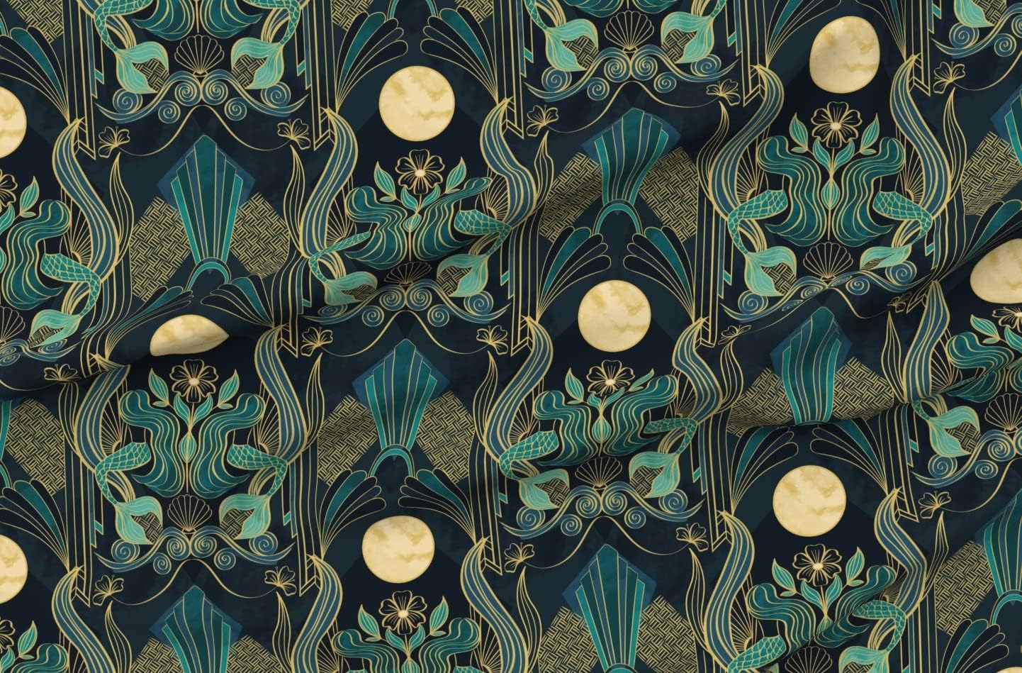 Spoonflower Fabric - 1920S Mermaid Fantasy Moon Magical Elegant Feminine Mysterious Moody Printed on Organic Cotton Sateen Fabric by The Yard - Sewing Quilting Apparel Home Decor