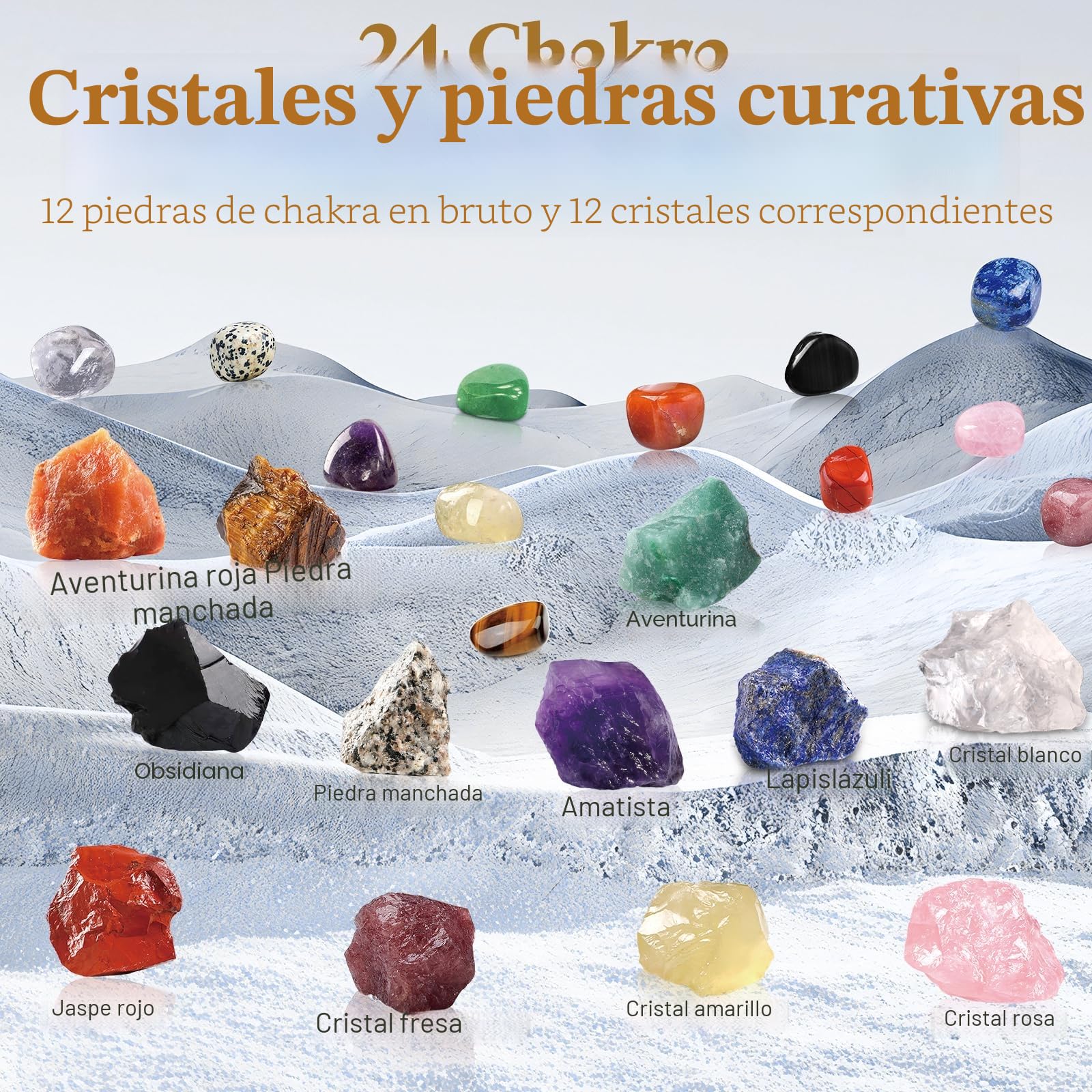 Calendario de Adviento de piedras preciosas, cristales, calendario de Adviento 2025 para niños, calendario de Navidad, cuenta regresiva con 24 cristales de chakra (A)