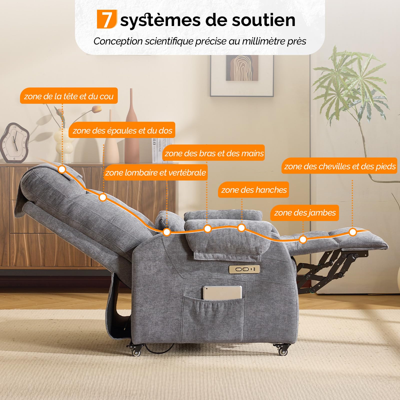 Bonnlo Fauteuil Massant, Fauteuil de Relaxation avec 6 Points de Massage et Chauffage, Dossier et Repose-Pieds Réglable Automatiquement, Équipé d'un Appui-tête et Un Coussin, Gris Foncé, Tissu