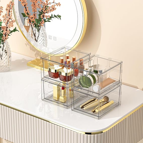 SpaceHacks 2 Pack Stackable Plastic Makeup Organizer Drawers, Acrylic Organizers, Clear Storage Bins with Pull-Out Handles for Vanity, Kitchen Cabinets, Pantry