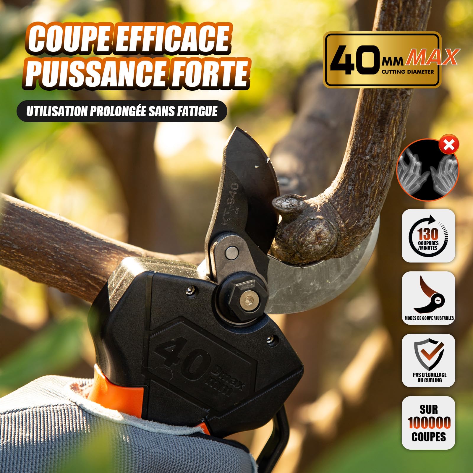 Kebtek Sécateur électrique avec Perche Télescopique Kit - Professionnel Sécateur à Batteries - Moteur Sans Balais 18 V - Diamètre de Coupe 40mm, 2 Pack Batteries