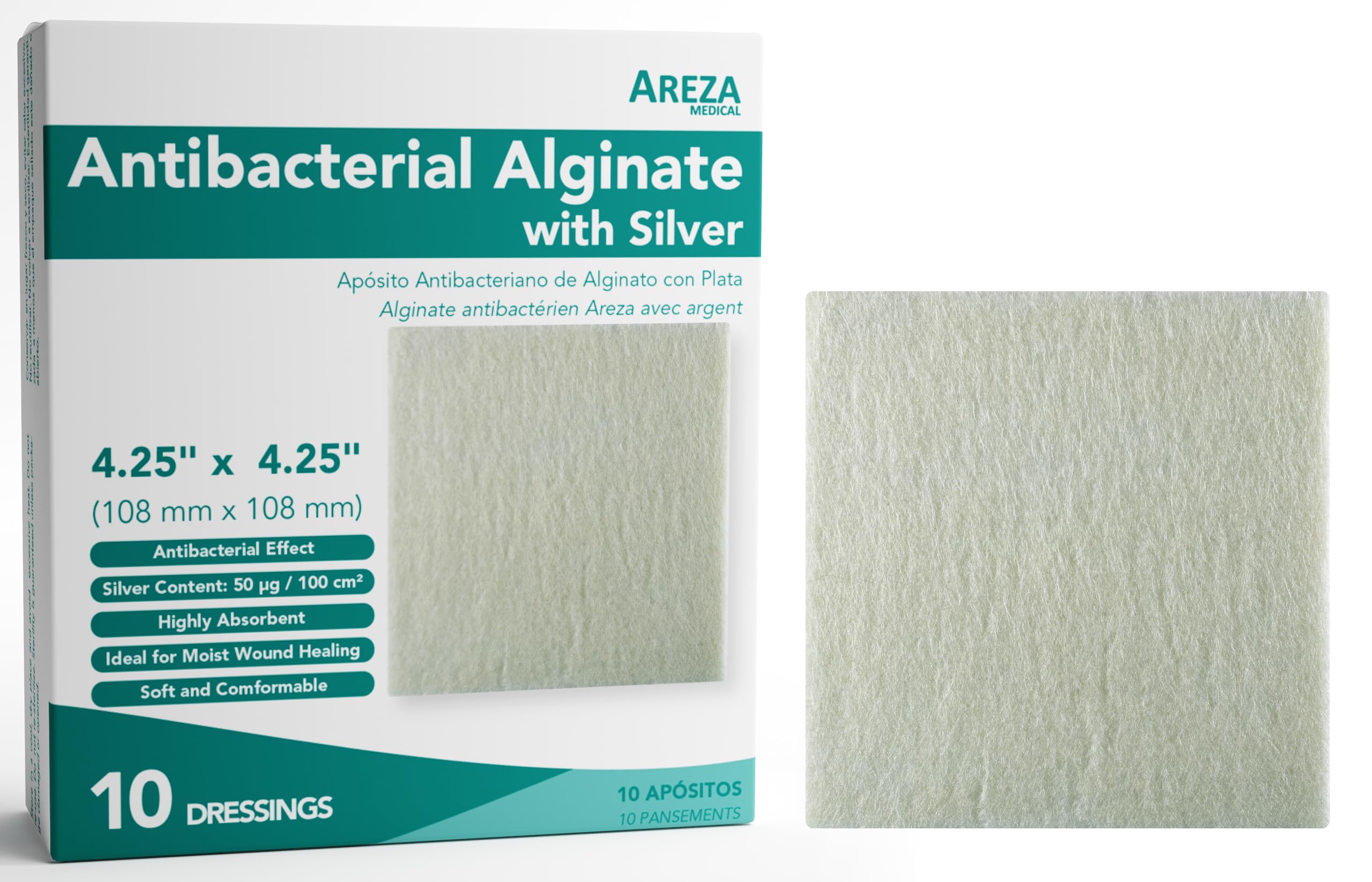 Areza Medical Silver Alginate (Antibacterial Alginate with Silver) 4.25"x4.25" Sterile; 10 Wound Dressings Per Box (1 Box)