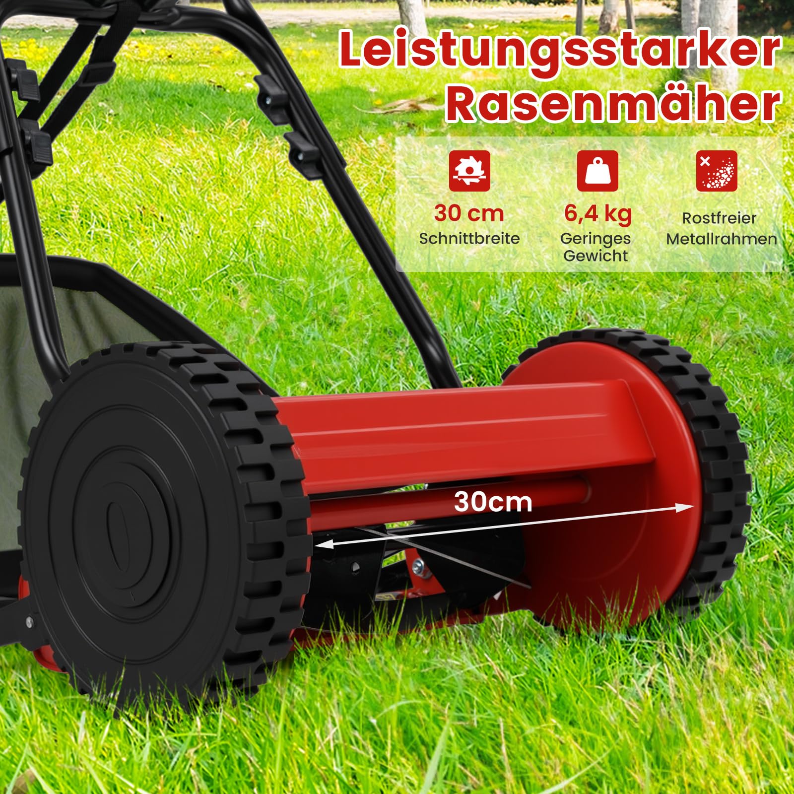 COSTWAY Spindelmäher, Hand-Rasenmäher, 30 cm Schnittbreite, 18,5 Liter Fangkorb, Schnitthöhe 4-Fach verstellbar: 15-40mm, Handrasenmäher mit 5 Messern zur Rasenpflege, leicht und wendig (Rot)