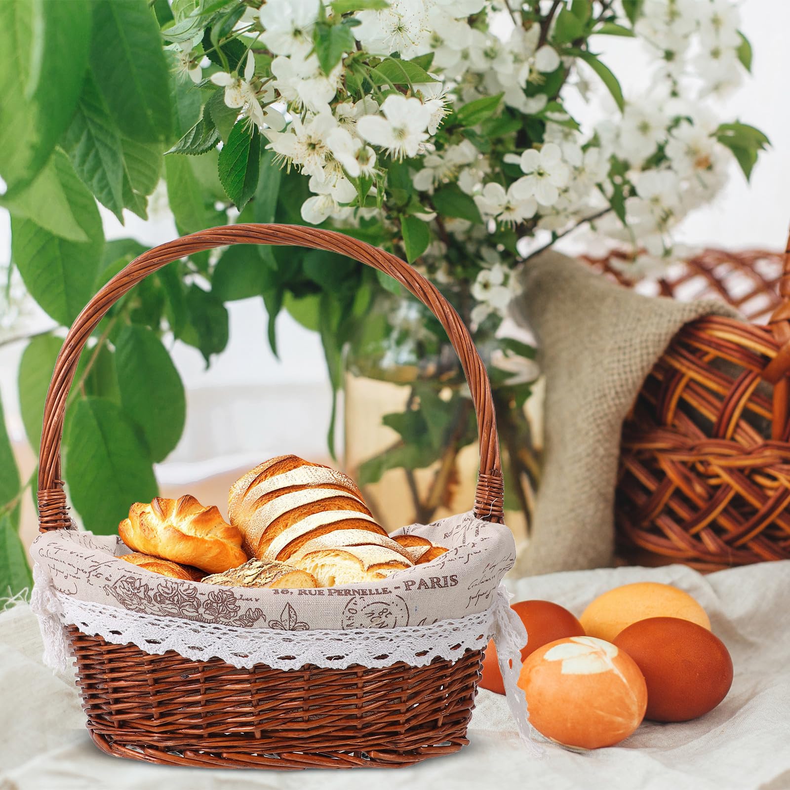 Veemoon Cesta de Picnic de Mimbre con asa, Ovalada, vacía, Tejida en ratán, para Guardar Huevos de Pascua, Dulces, Frutas, Snacks y Verduras. Forrada en Tela.