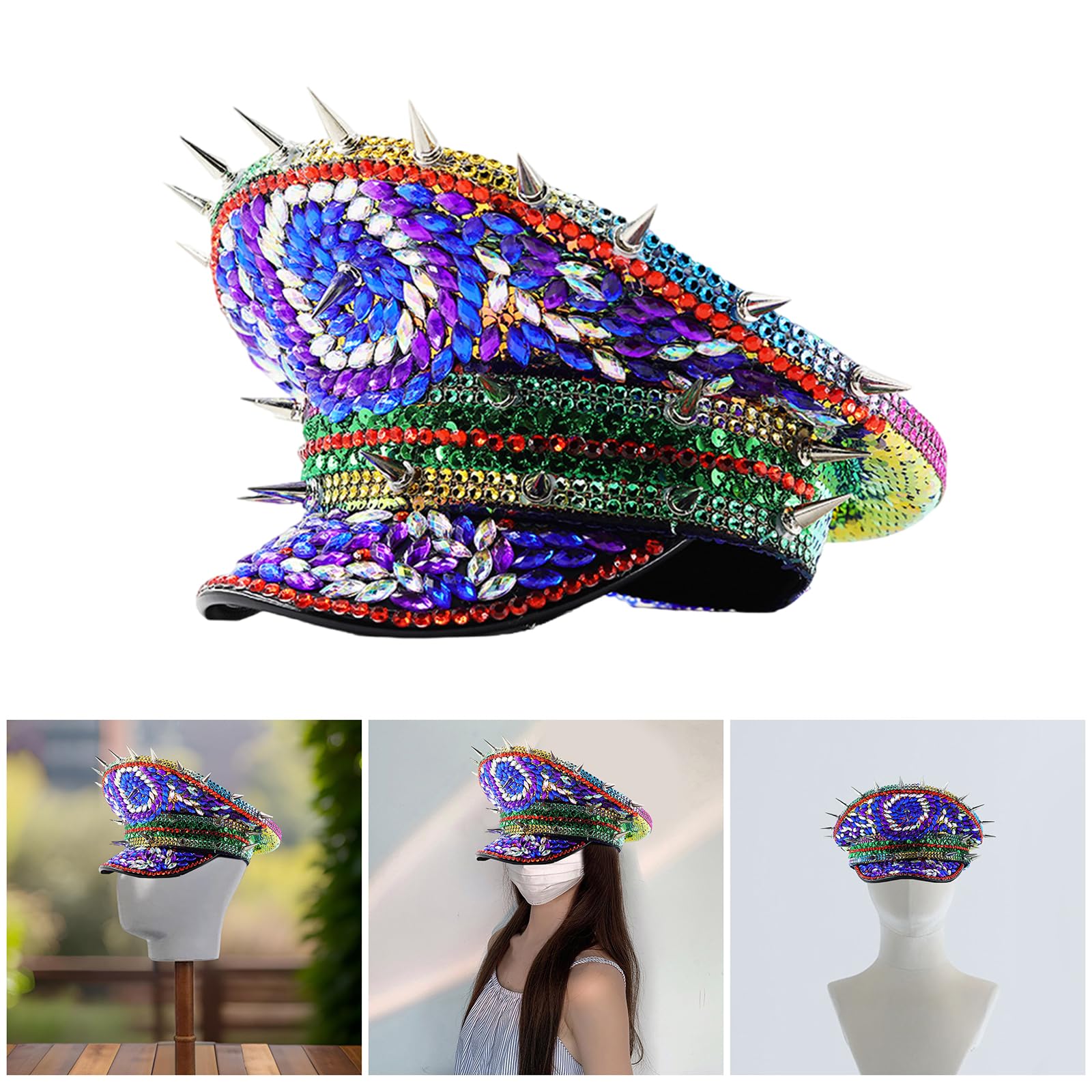 Cappello marino per festa di ballo paillettes Capitano Caps Festival Musica Donne Costumi Caps Strass Rivetto Borchiato Cappello Capitano, Come descritto