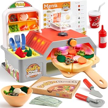 lalalark Play Kitchen Food Toy - Pretend and Play Toddler Toys - 78 PCS Pizza Oven with Pretend Smoke, Light & Sound and Color-Changing Toppings - Birthday Gift for Boys Girls