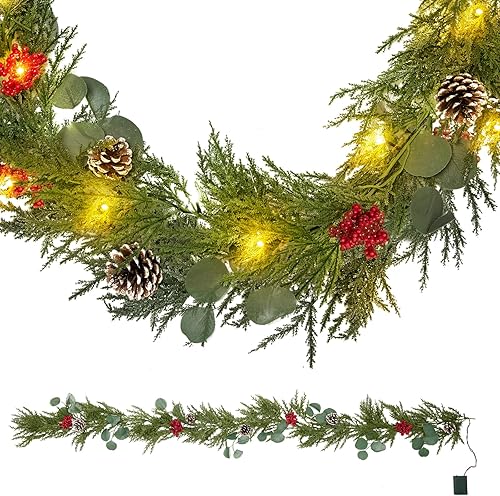 Guirnalda de Navidad preiluminada, guirnalda de Navidad de 40 luces LED de 6 pies con luces, incluyendo ramas de pino, conos de pino, racimo de