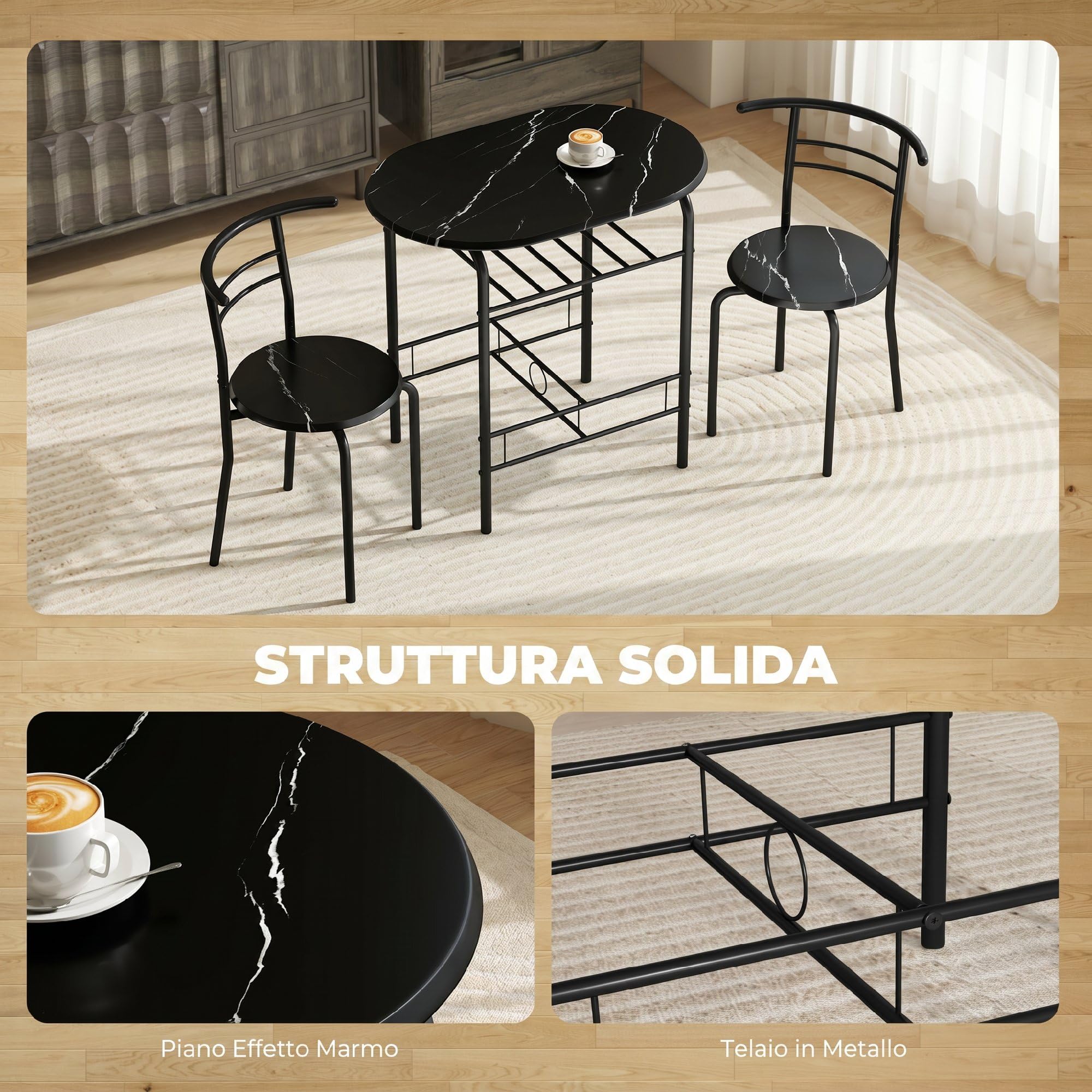 HOMCOM Set Tavolo Moderno con 2 Sedie per Sala da Pranzo Nero | Set 3 Pezzi, Mobili Salvaspazio da Cucina, Balcone, Ristorante o Bar