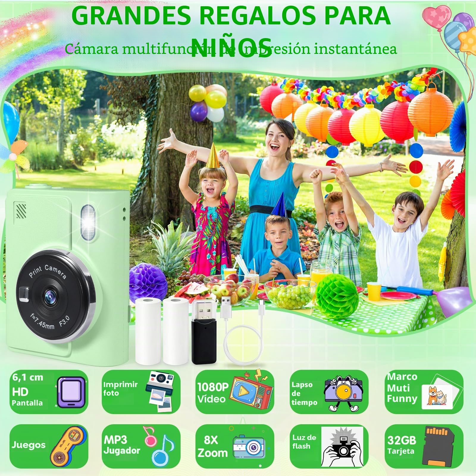 Camara Fotos Infantil Instantanea,1080P Camara Fotos Infantil,2,4 Pulgada con Tarjeta de 32GB y Papel Fotografia,Juguete Cámara Instantánea Regalos para Niños y Niñas de 3-12 Años