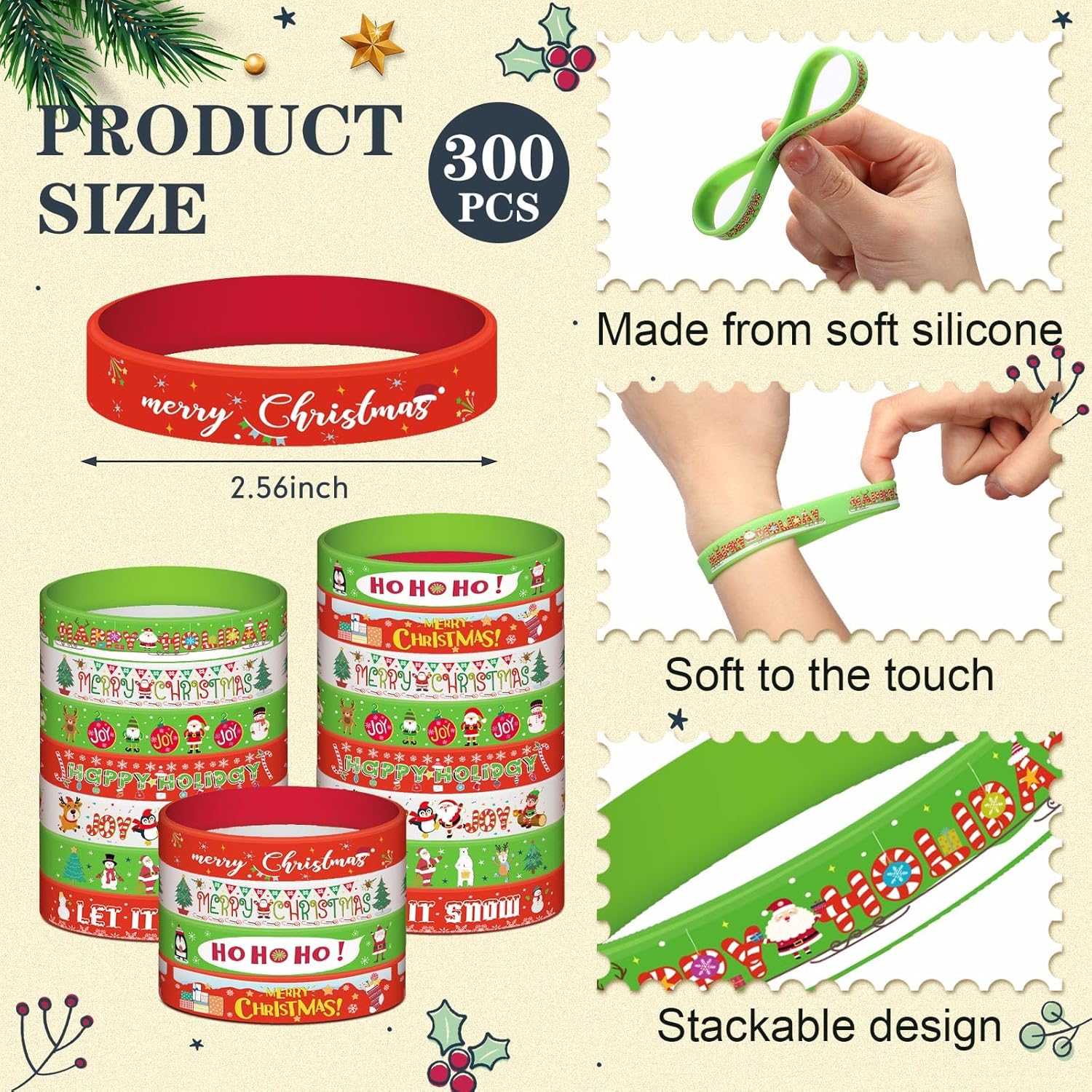 Syhood 300 Pieces Christmas Silicone Bracelets Bulk Xmas Rubber Wristbands Gift for Christmas Party Favors for Kids Adults Stuffers Fillers Classroom Supplies