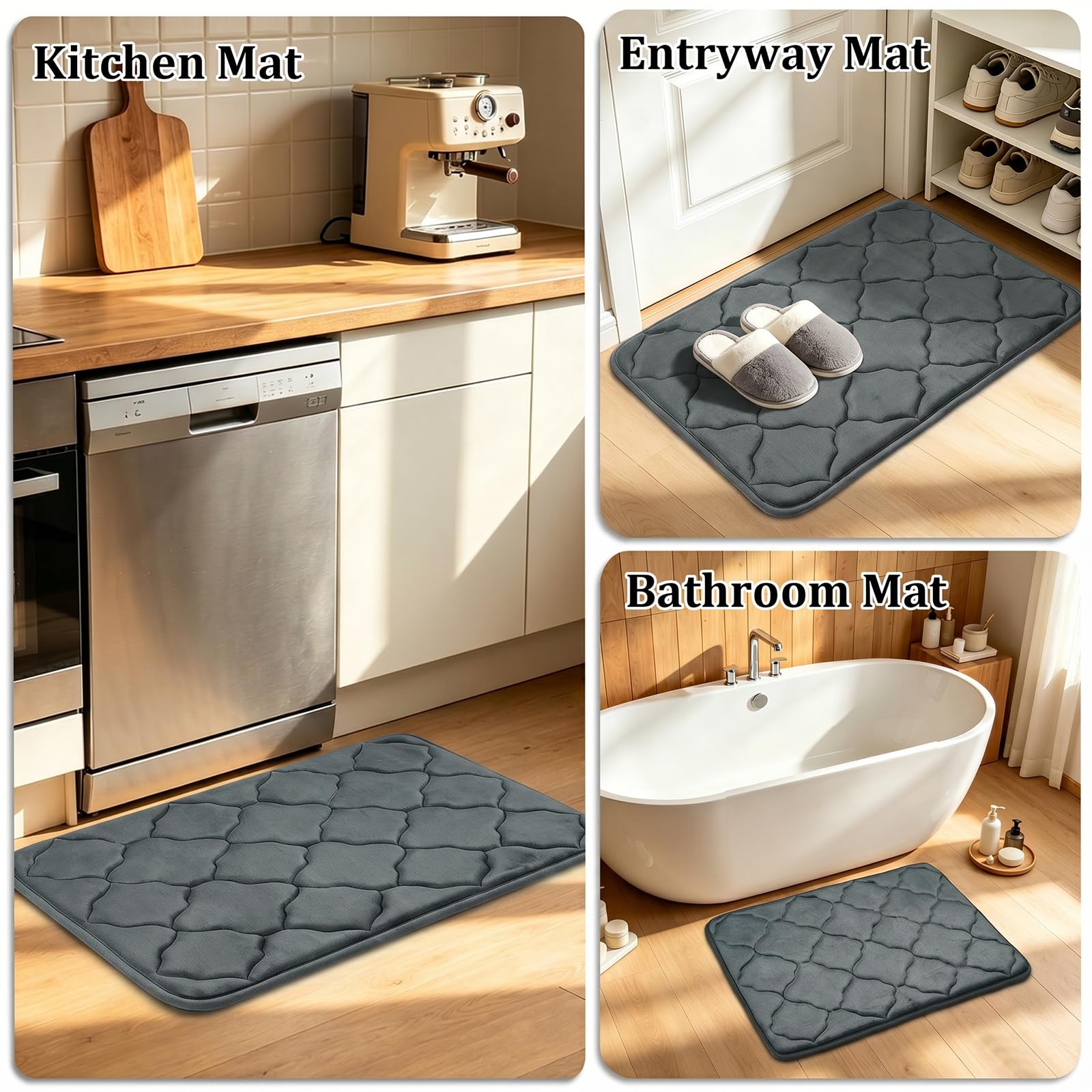 Set di 3 tappetini da bagno antiscivolo ultra morbidi, lavabili in lavatrice, assorbenti, ideali per il pavimento del bagno, la doccia e come tappeto (grigio scuro)