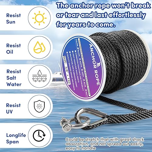 Vista 112 de Cuerda de anclaje premium de 100 pies x 3/8 pulgadas, cuerda marina de línea de anclaje MFP trenzada sólida con dedal y grillete, color negro