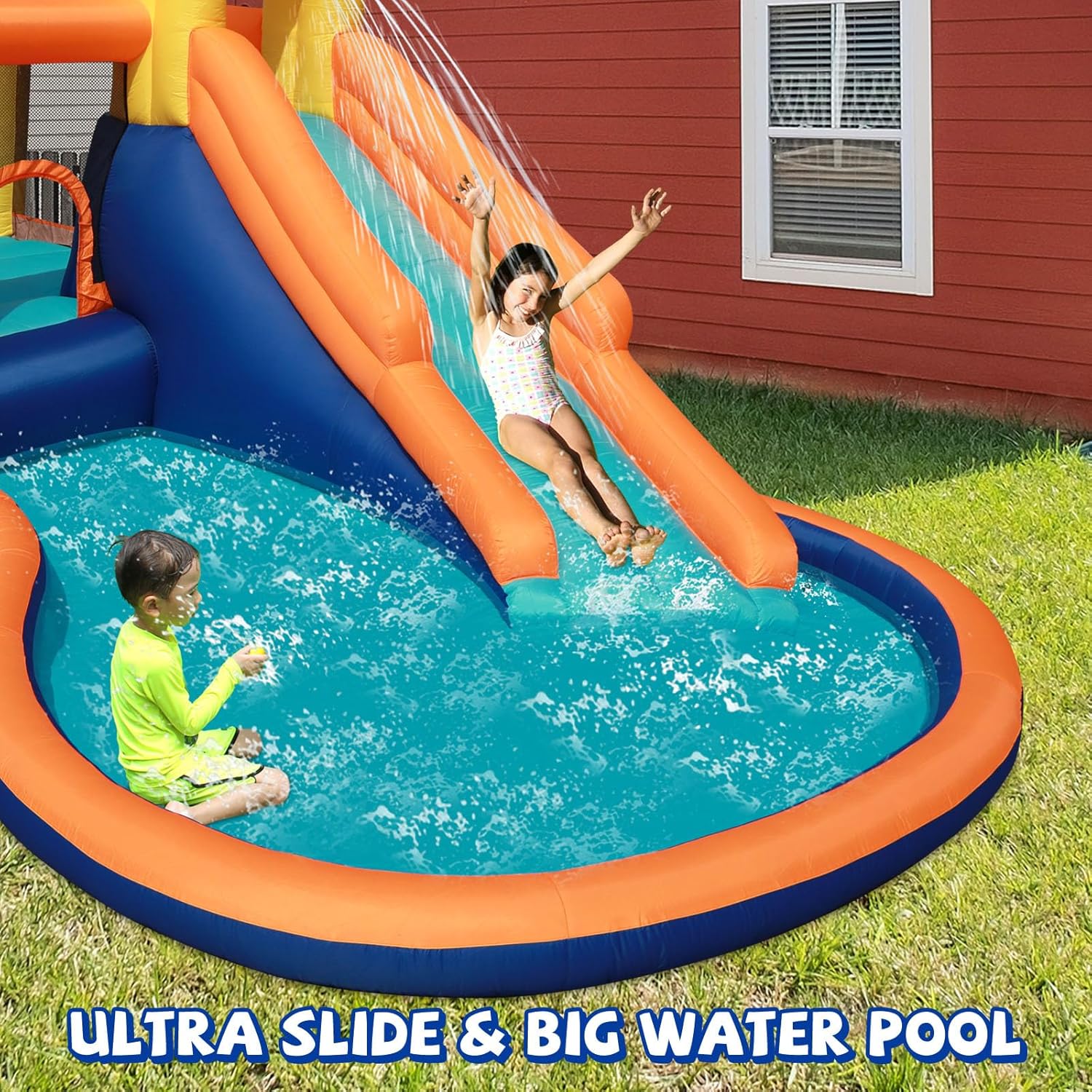 Action Air Water Slide - Inflatable Bounce House with Blower for Indoor & Outdoor - Jump Bouncy Castle with Slide - Big Bouncy Area, Big Pool, Love for Kids