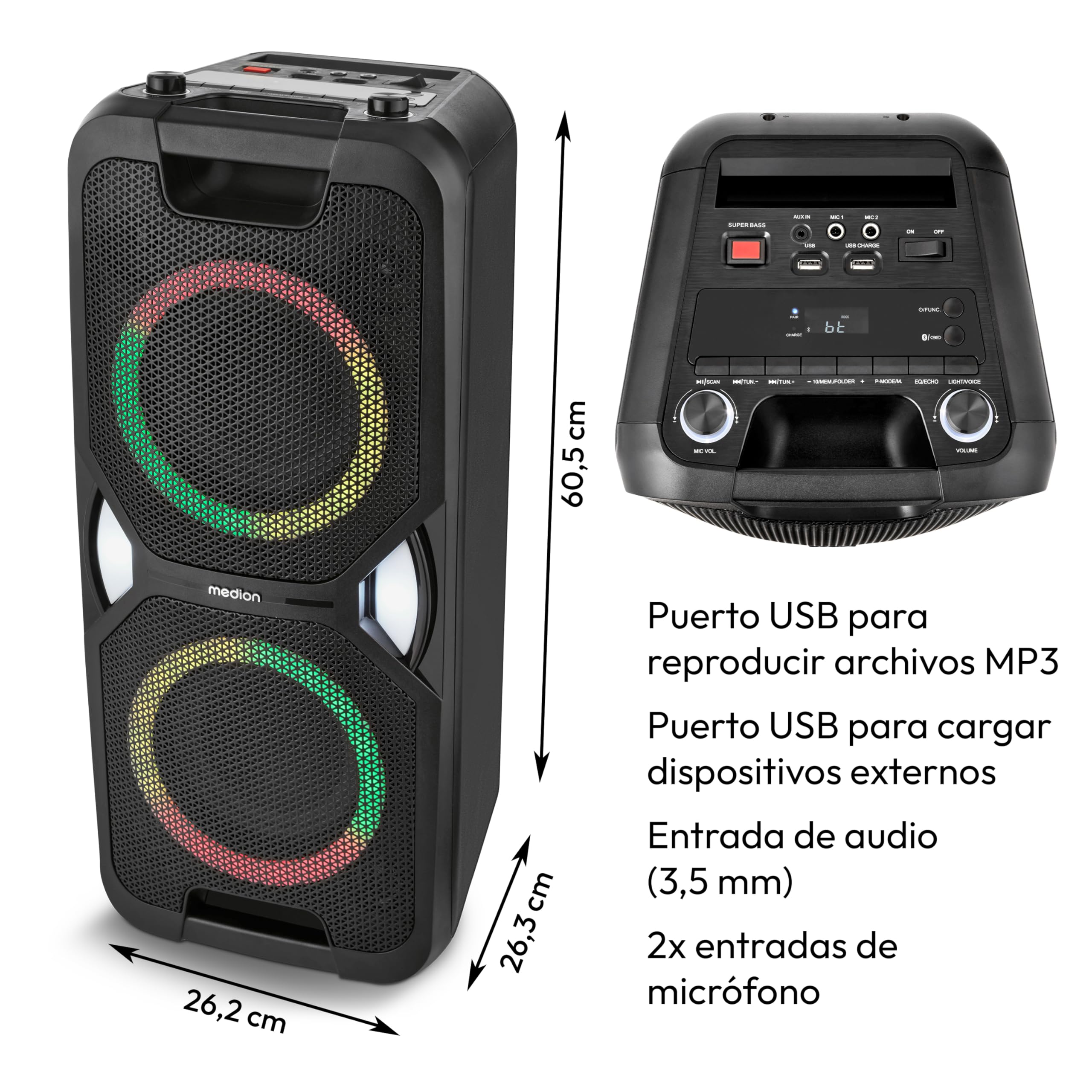 MEDION PE-1 Pure Partybox (batería, con micrófono, Altavoz Bluetooth portátil Grande, Efectos de luz, Karaoke, 2 entradas de micrófono, AUX, USB, Radio, MD400000)