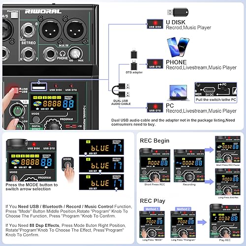 Vista 39 de Mezclador de audio de 4 canales con efectos, mezclador de 88 Dsp, interfaz USB, reproductor de música Bluetooth + línea de 48 V mezclador de audio