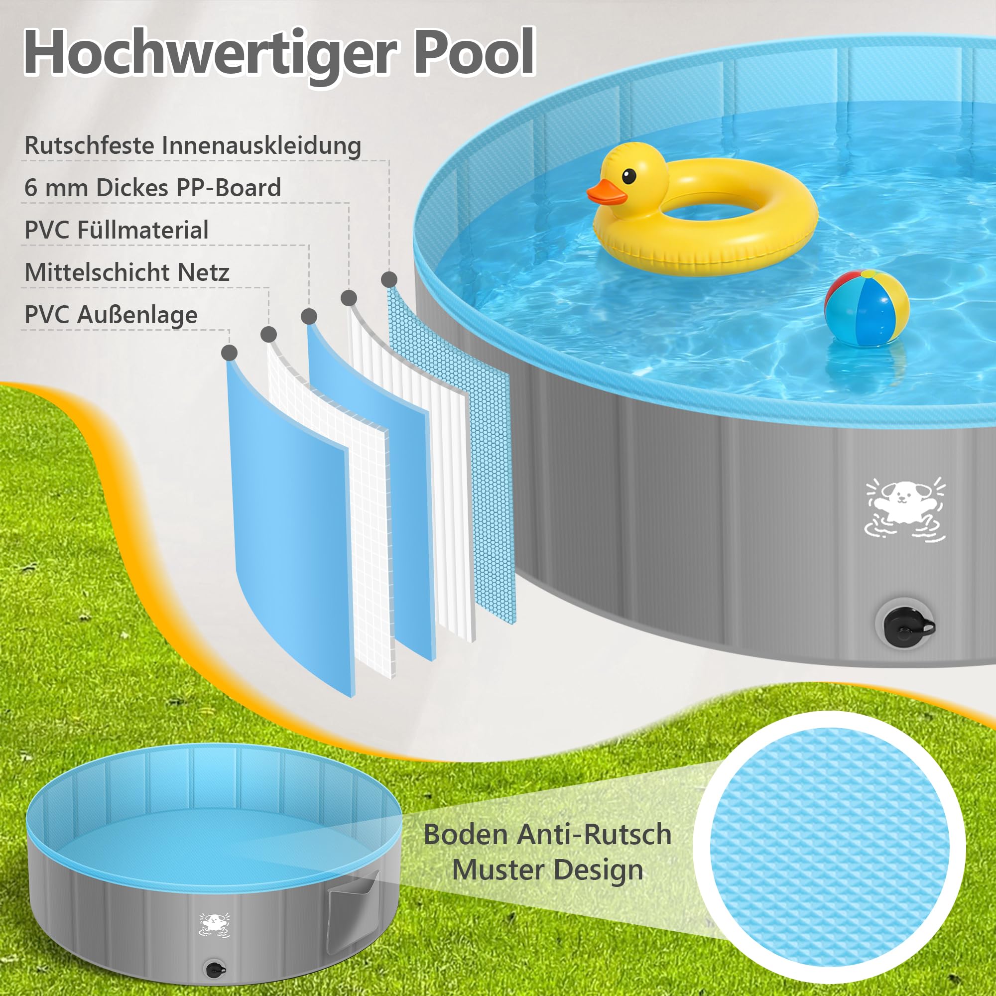 FORMIZON Piscina Pieghevole per Cani, Piscine per Cani Grandi e Piccoli, Antiscivolo, Portatile, Rigida, Piscina Cane per Animali Bambini (160)
