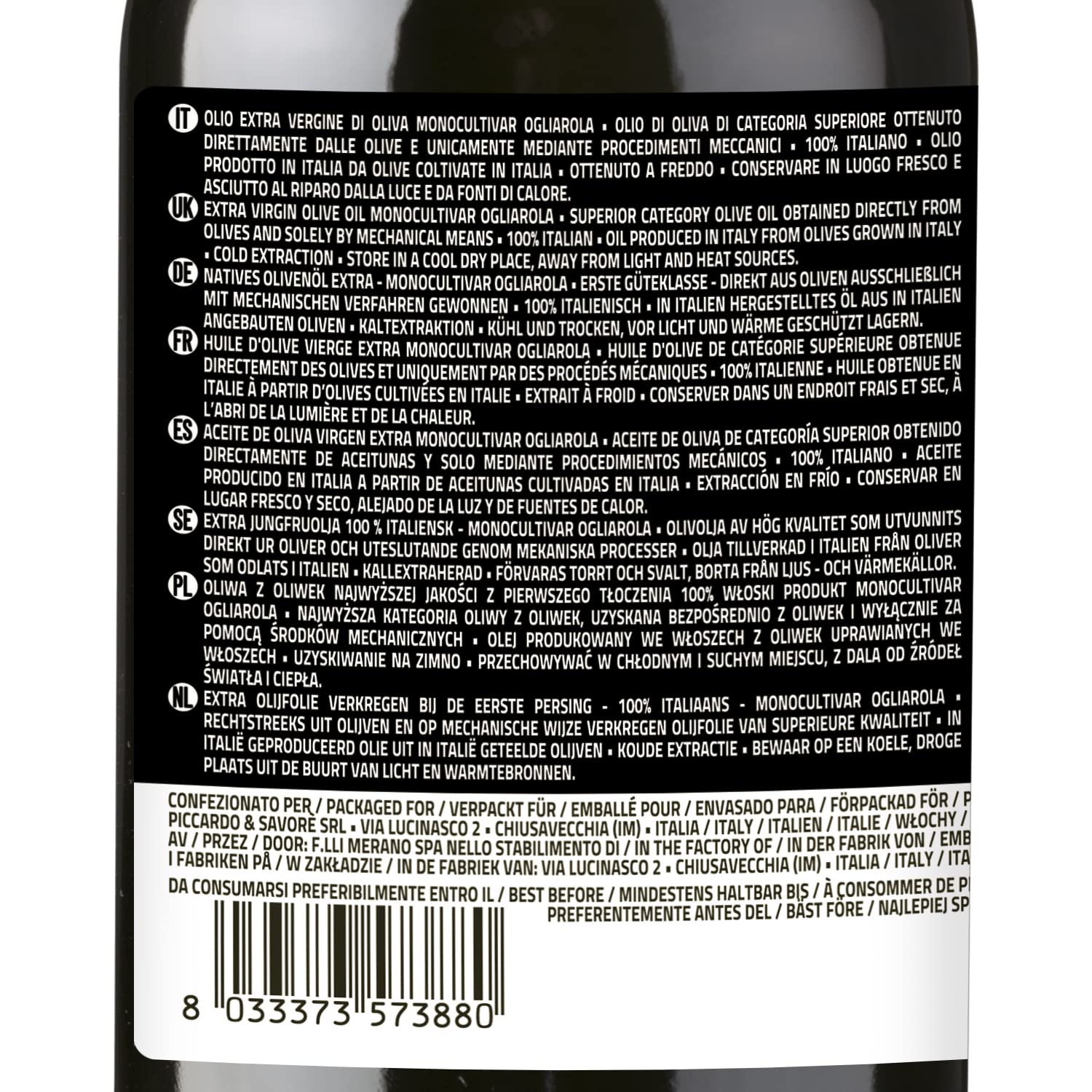 Le Terre di Colombo – Olio extravergine di oliva, 100% italiano, monocultivar Ogliarola, 500 ml (Confezione da 2)